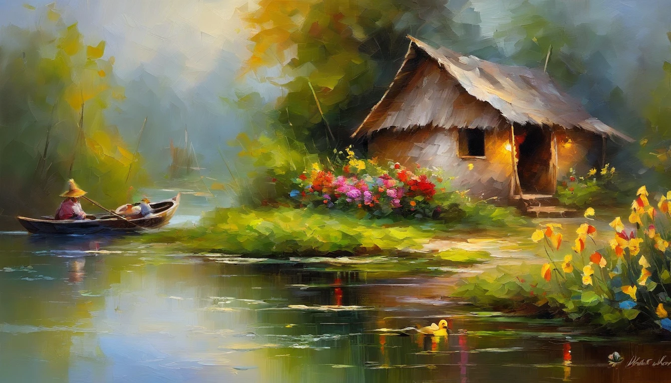 There are a old hut beside the river, a fishing boat near hut over the water, ((ducklings are swimming near the boat)), flowers are blooming beside the hut, an old man smoke and sitting in front of the hut. Masterpiece art work.