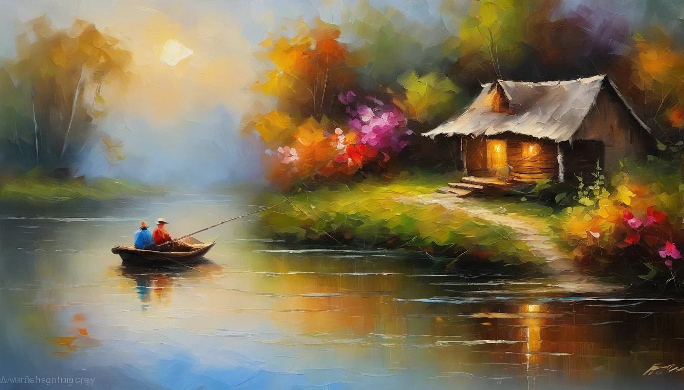 There are a old hut beside the river, a fishing boat near hut over the water, ((ducklings are swimming near the boat)), flowers are blooming beside the hut, an old man smoke and sitting in front of the hut. Masterpiece art work.