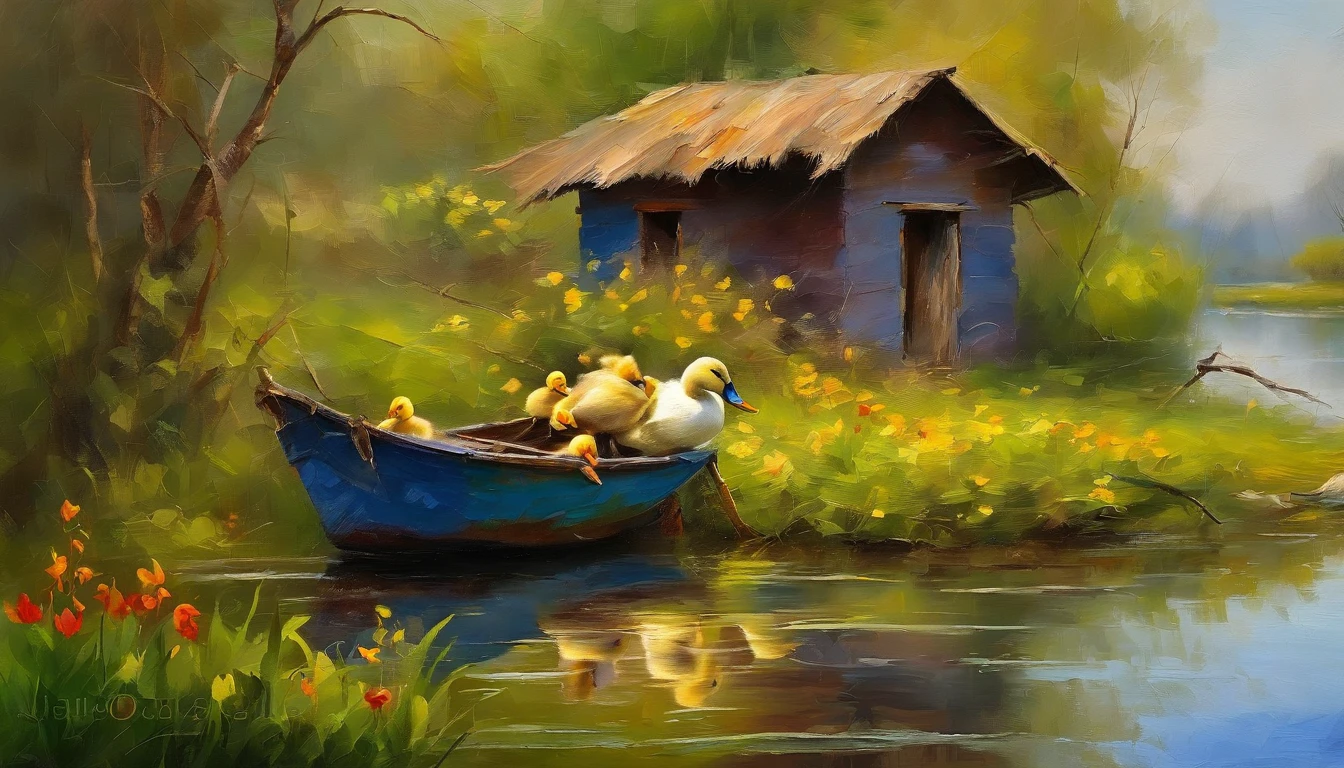 There are a old hut beside the river, a fishing boat near hut over the water, ((ducklings are swimming near the boat)), flowers are blooming beside the hut, an old man smoke and sitting in front of the hut. Masterpiece art work.