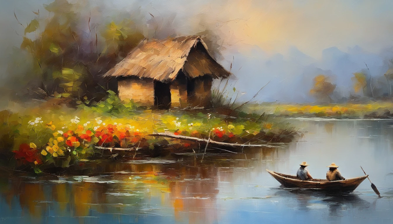 There are a old hut beside the river, a fishing boat near hut over the water, ((ducklings are swimming near the boat)), flowers are blooming beside the hut, an old man smoke and sitting in front of the hut. Masterpiece art work.