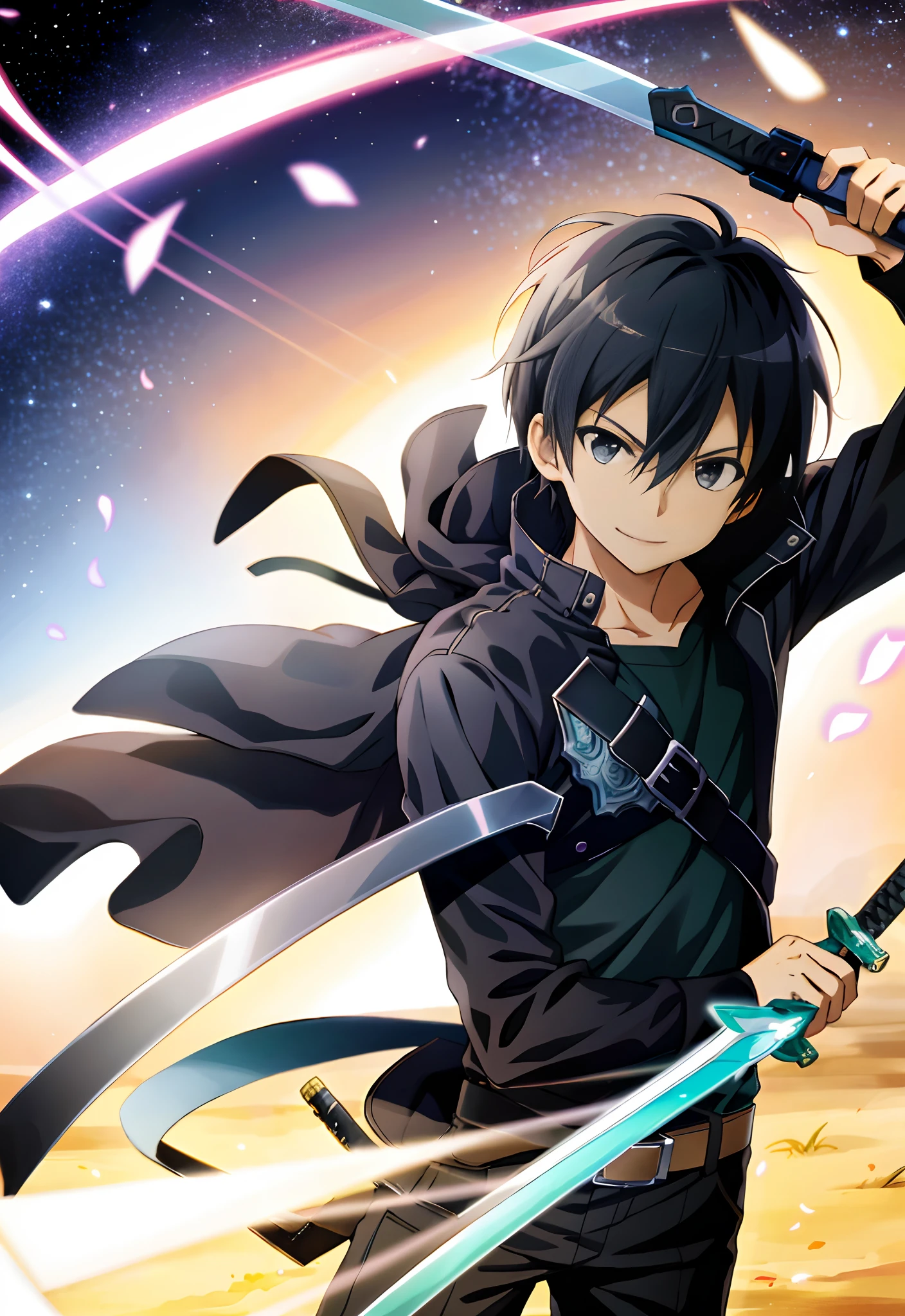 High Definition, Anime-style, Kirito, Solo, 1boy, Smile, Black Hair, Black Clothing, Black Sword, Black Eyes, Grassland, Dual Wielding, Black Sword, Lilac Sword,