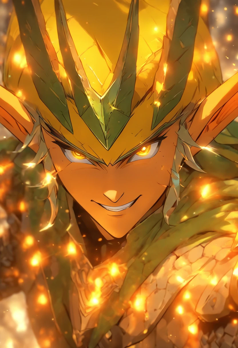 Elf, yellow skin, armor made of spikes and plates of stone and rock, glowing orange from the inside out, masterpiece, best quality