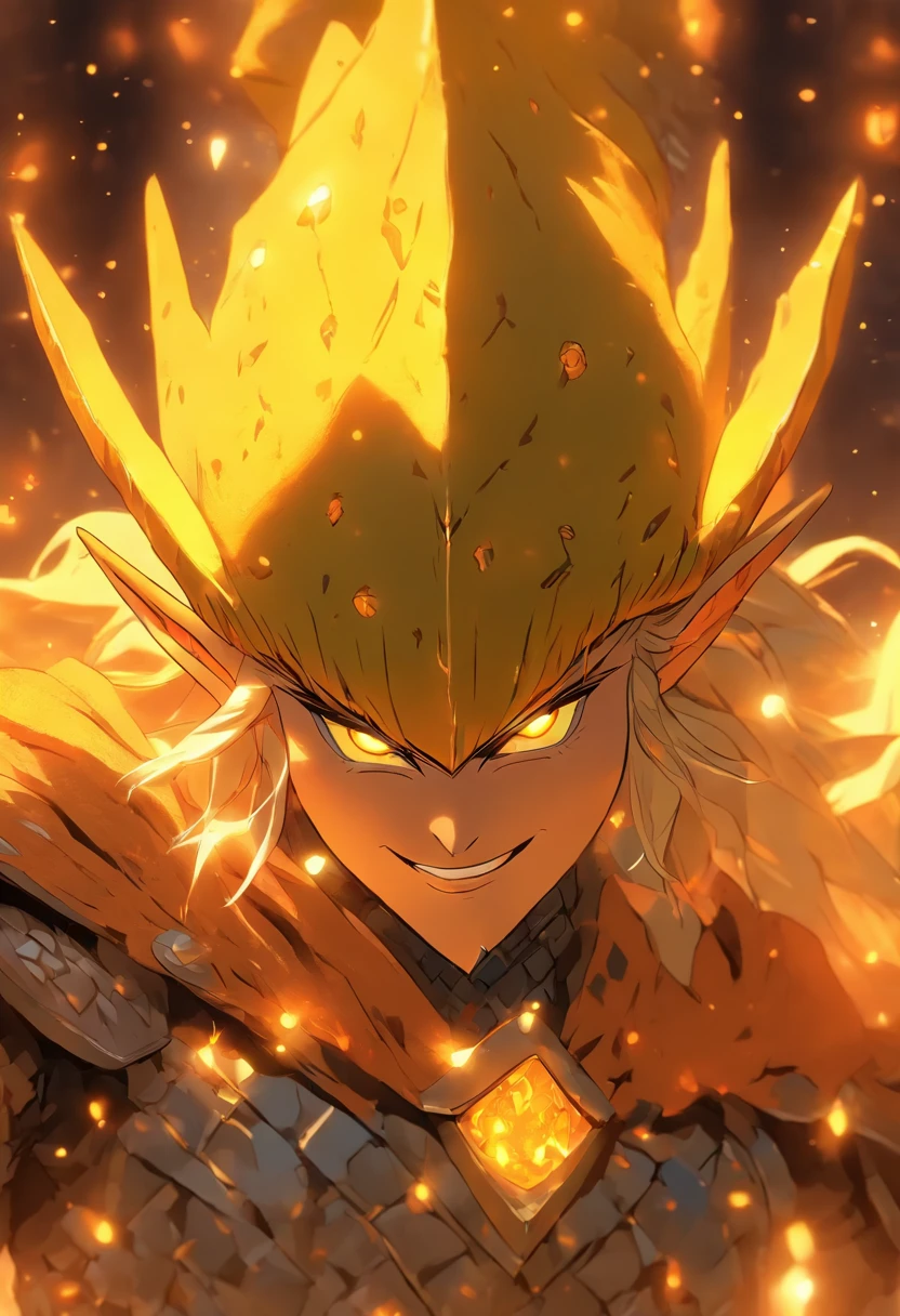 Elf, yellow skin, armor made of spikes and plates of stone and rock, glowing orange from the inside out, masterpiece, best quality