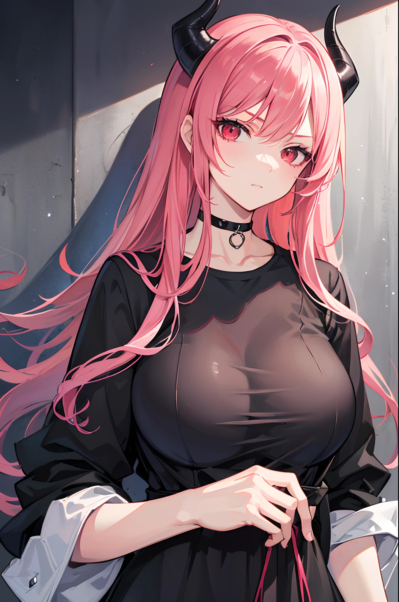 masterpiece, highlydetailed, ultra-detailed, solo, (1woman), Onee-san, mature, long hair, pink hair, adult woman, demon woman, vampire, complex black demon horns, beautiful, enchanting, red eyes, elegant, big breast, charming, Creepy, glaring, cruel, casual clothes, Authoritative, (sci-fi), (modern casual clothes), (polite clothes), (close clothes), (future clothes), (black clothes), model, half body potrait