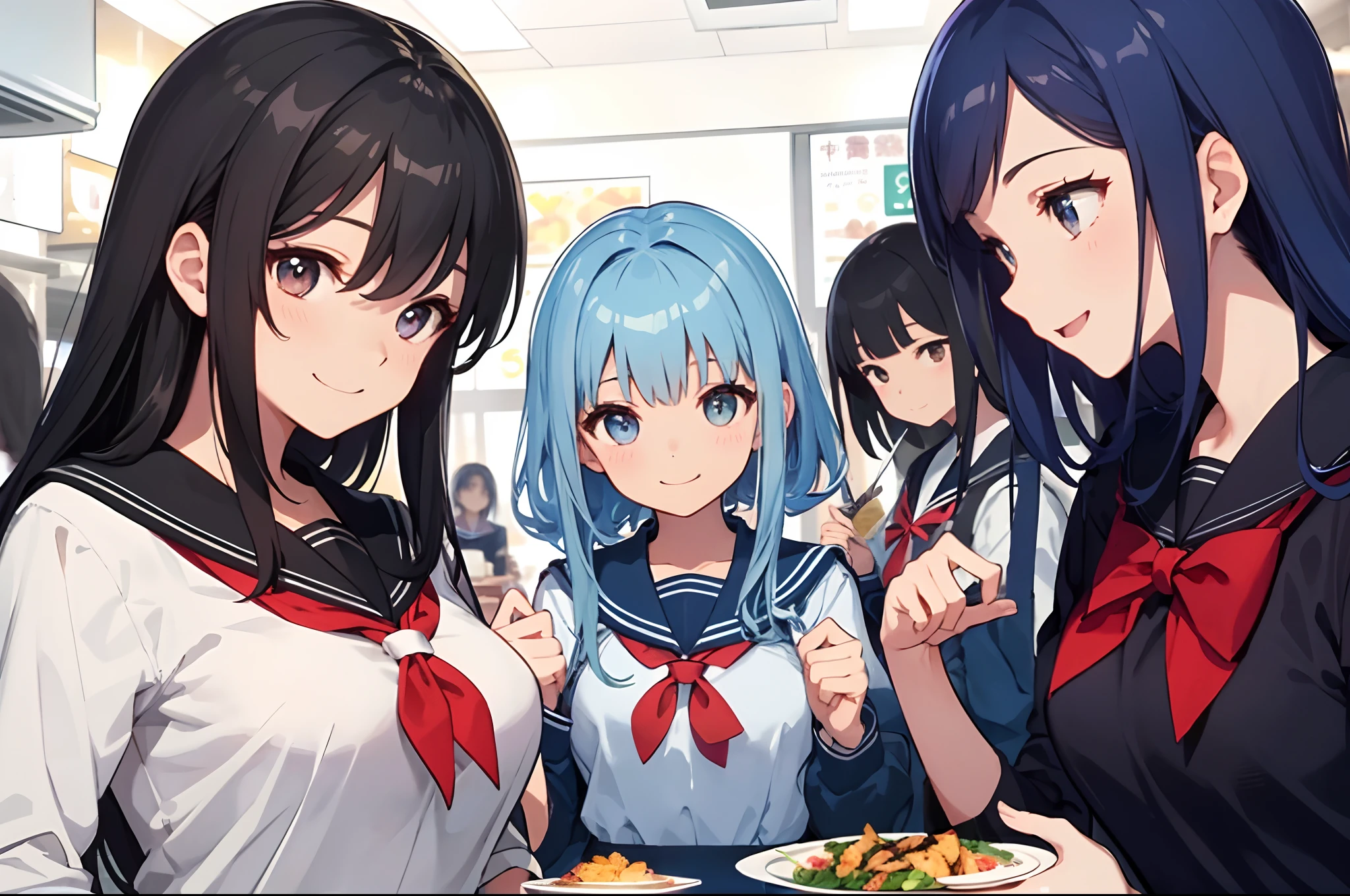 ​masterpiece、top-quality、detaile、hight resolution、extremely delicate and beautiful、Blue-haired、simple background、upper body closeup、beutiful breast、hi-school girl、a sailor suit、校服、student clothes、family restaurant、Smile、multiple female、5 women、4 females、7 women、