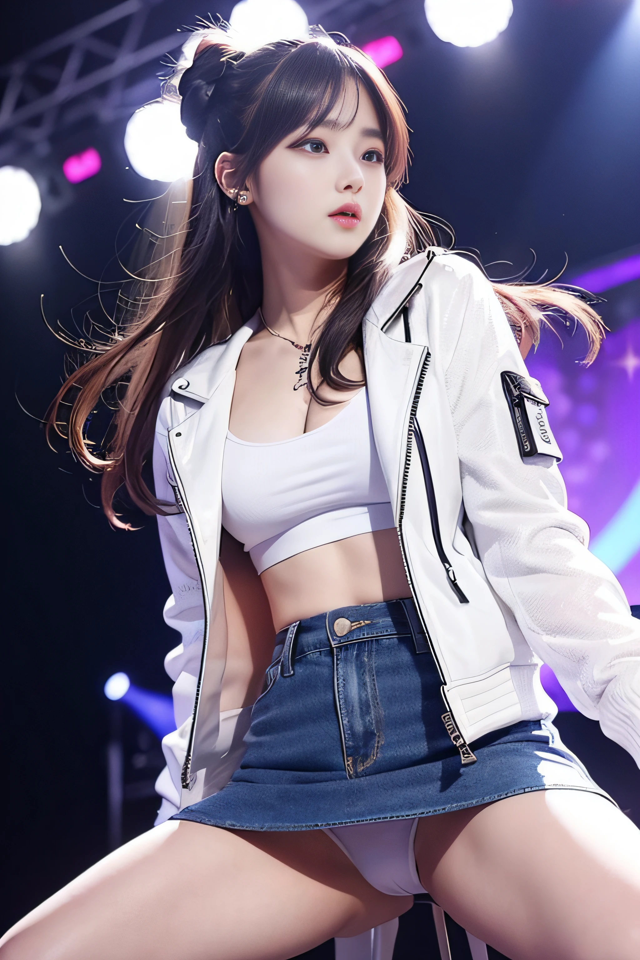 1girl in、(Super beautiful)、(ultra beautiful faces)、A detailed face、kpop star、spreads her legs、(Cool jackets and miniskirts:1.1)、white panties、high-heels、Concert stage、At SFW