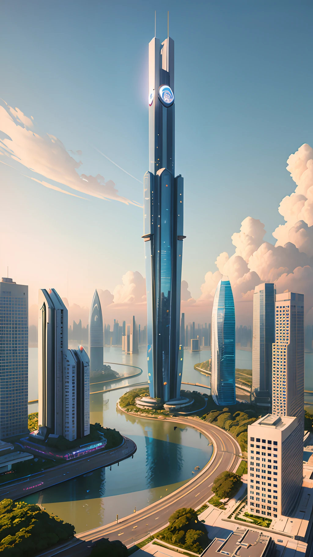 City skyline view with lake and park, illustration by Cha Shibiao, shutterstock, Art Nouveau, Shenzhen, Shenzhen, Shenzhen. Guangjian, the ultra-wide view of the urban landscape, the sci-fi buildings that break through the imagination, all buildings have a sense of technology and are full of technology. Architecture combined with lighting. Neon building. Beautiful city of the future, beautiful cityscape, tech city background, Hou porcelain, with a city in the background. Inspired by Makoto Shinkai&#39;s popular concept art and masterpieces on pixiv, vision (wide angle lens), super high resolution (fidelity: 1.4), super high quality, extremely detailed CG Unity 8k wallpapers, aesthetics, award winning photography, real High Detail, Detail Enhancement, Blur Removal, Intricacy, Traveling Art. Visually stunning. Beautiful future city, beautiful city, dream land of Chinese people, pexels, blue hour photography, Chinese dreamland, spectacular clouds, fantasy clouds.