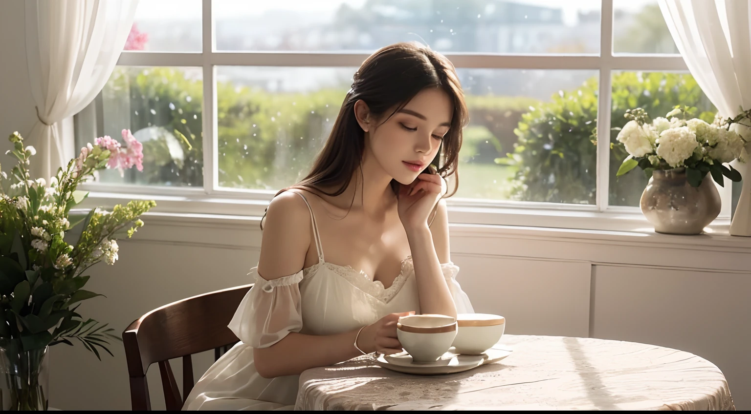 (blue eyes,detailed eyelashes), (beautiful detailed lips), (long flowing hair), (romantic atmosphere:1.1), (artistically decorated interior), (soft, warm lighting), (delicate porcelain cups), (aromatic coffee), (floral pattern on the tablecloth), (peaceful background music), (comfortable seating), (gentle breeze through the open window), (light streaming in through lace curtains), (quiet chatter of other cafe patrons), (serene expression on her face), (elegant dress that accentuates her beauty), (subtle fragrance of fresh flowers), (a book lying next to her), (dainty jewelry adorning her fingers), (hints of vintage decor), (soft sunlight creating a dreamy ambiance), (subtle shadows playing on the walls), (sparkling clean windows), (meticulously arranged pastries on display), (beautifully presented desserts on a cake stand), (a swan-shaped latte art on her cup of coffee), (vibrant greenery outside the window), (comforting warmth from the hot beverage), (artistic coffee foam patterns), (whispers of steam rising from the cup), (ethereal background music), (classic French pastries), (breathtaking view of a garden visible through the window), (sophisticated coffee brewing equipment), (intricate coffee bean grinder), (elegant coffee spoon), (celestial-inspired paintings on the walls)