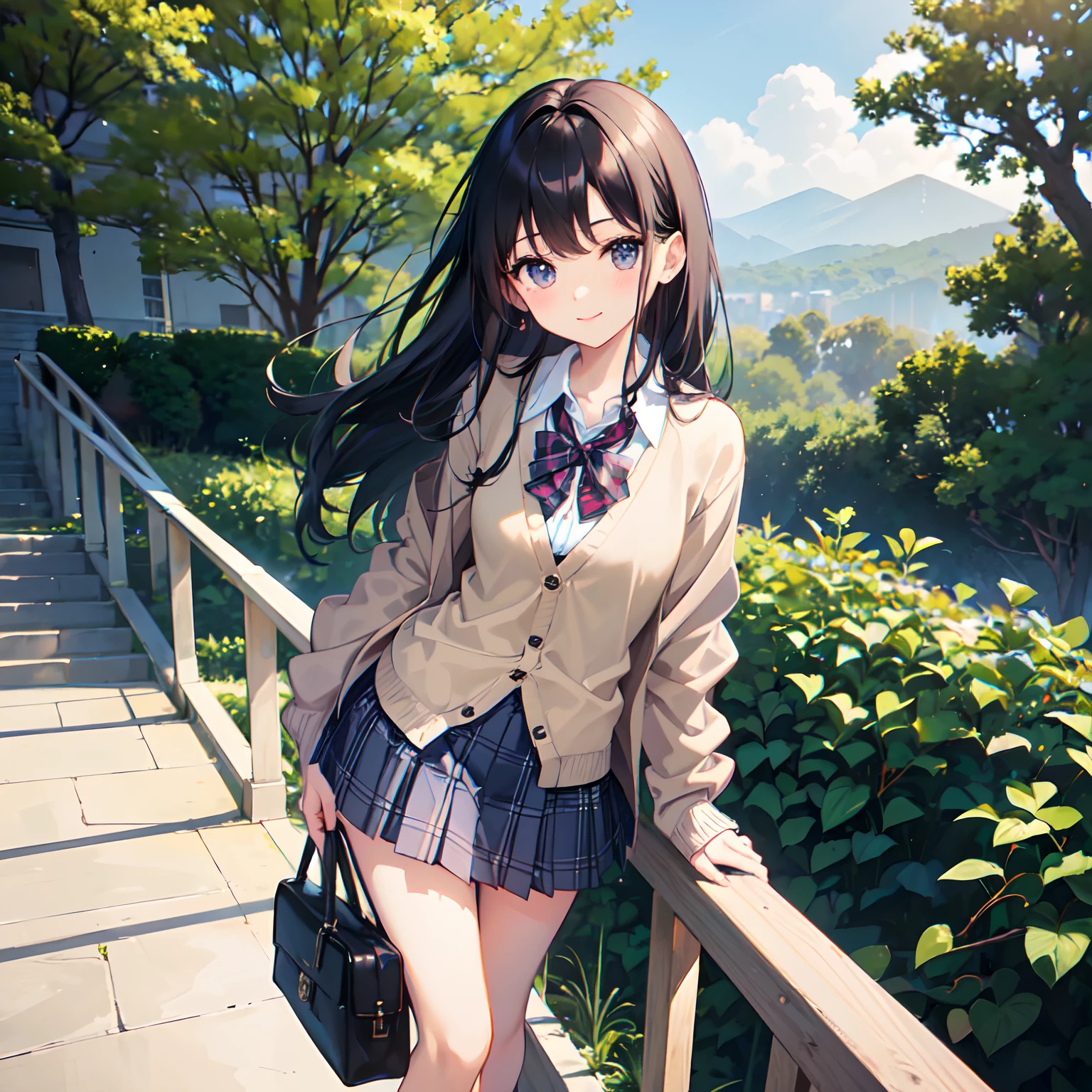 Super delicate and cute girl with black hair、1 persons、a junior high school student、14years、8K Ultra High Definition、Delicate texture、 Medium Hair、flat chest、(((Plaid mini skirt)))、(((Wearing a cardigan over a collared shirt)))、high socks、Plain clothe、Smiling、AS-Adult、Climb the stairs、Rear view