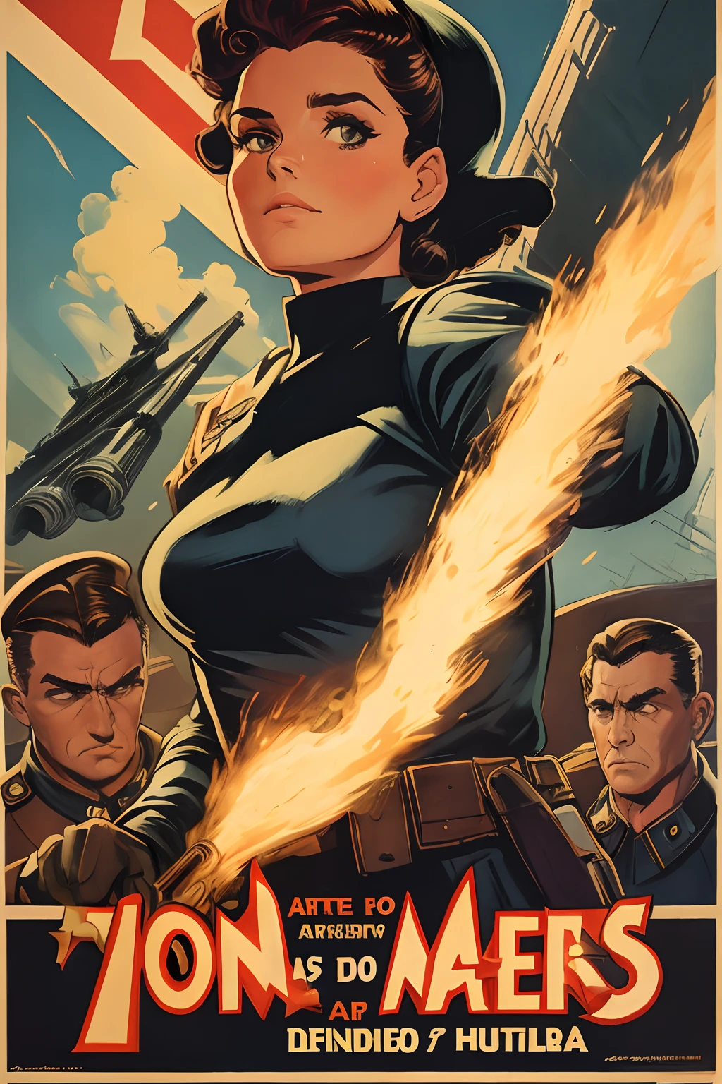 Arte Inspirada John Buscema, World War II poster, vemos uma enfermeira (1mulher)segurando uma pasta, uniforme hospitalar perfeito, short hair up to the shoulders, cor negro, olhos verdes claros, seios pequenos, corpo delgado, imponente em uma tenda hospitalar no Fronte, Cannon fire, A scene showing seriousness and conviction