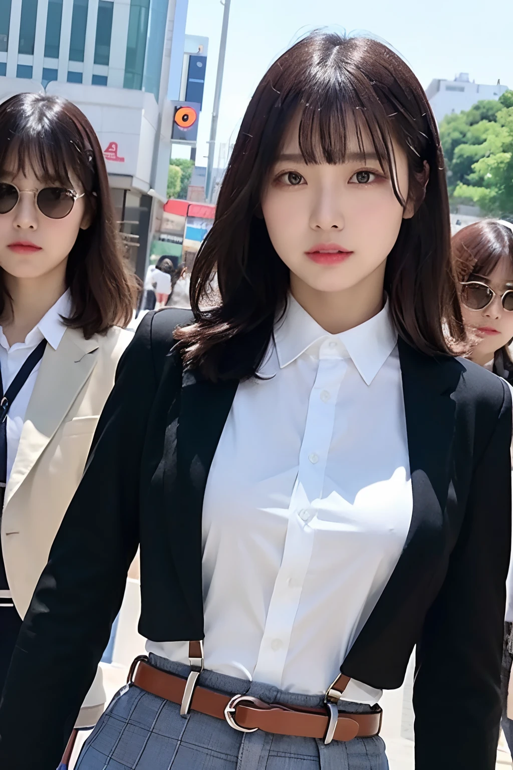 ​masterpiece、top-quality、The ultra -The high-definition、、colourfull、flat-colors、depth of fields、lens flare 1 girl、、A dark-haired、watching at viewers　suits　Cutter shirt　a belt　suspenders　working adults　materia　OL　Black Suit　Black jacket　glares　large full breasts