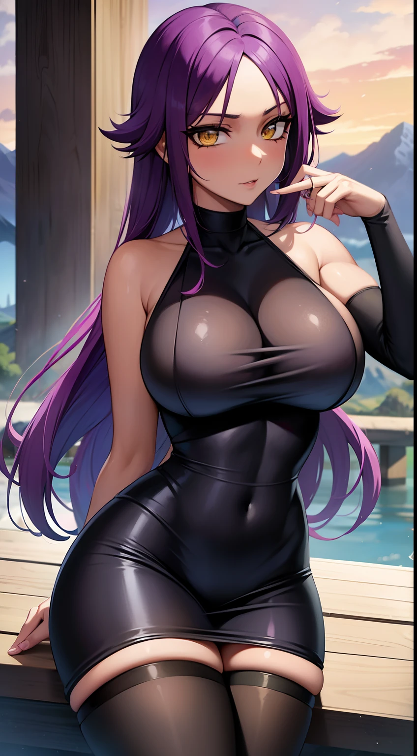 La mejor calidad, ojos expresivos, Cara perfecta, de cerca en la cara, shihouin yoruichi (Blanquear), dark skin, Leotardo negro, ojos amarillos, purple hair, Cabello largo, Cola de caballo, amanecer, lago, Mountains, tight sexy dress, sexy stockings, busty, lingerie, Big tits,