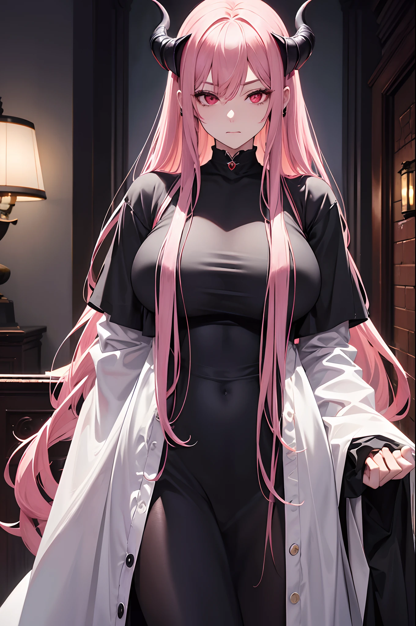 masterpiece, highlydetailed, ultra-detailed, solo, (1woman), Onee-san, mature, long hair, pink hair, adult woman, demon woman, vampire, complex black demon horns, beautiful, enchanting, red eyes, elegant, big breast, charming, Creepy, glaring, cruel, casual clothes, Authoritative, (sci-fi), (modern casual clothes), (polite clothes), (close clothes), (future clothes), (black clothes), model, half body potrait