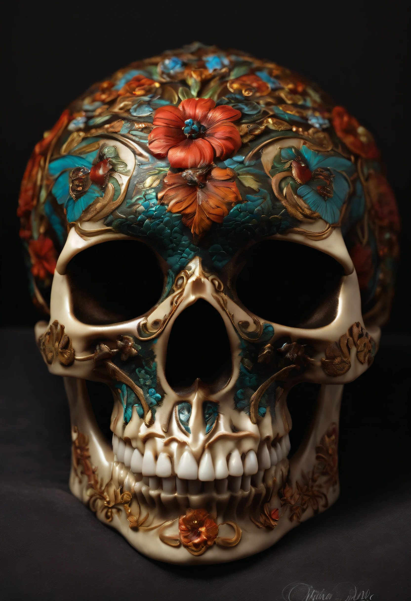 A beautifully detailed ceramic skull,Smooth gloss glaze,Natural pattern, Blue Sea,Delicate leaves, Colorful petals , Warm Lights,Ethereal atmosphere,Ray Tracing,