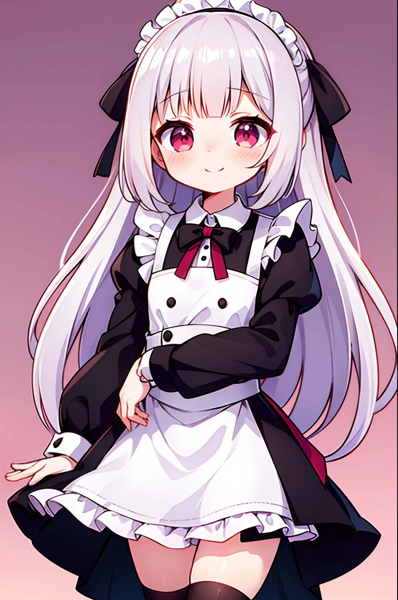 8K picture quality,silber hair,Red-eyed girl,cute little ,Long hair,Heartwarming,a miniskirt,ta,A smile,Thumbnail styles,maid clothes,fluffly,Embarrassed expression,pink sky background,cute background