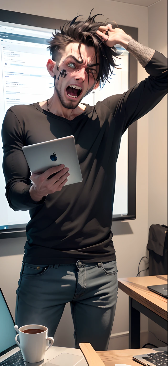A man In a scare moment while he lose a trade watching his laptop with his mouth open
