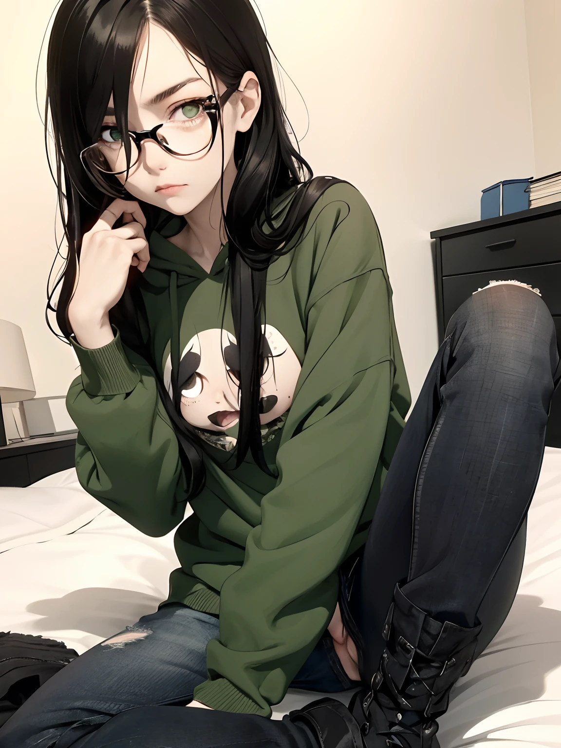Black Hair, messy hair, hair over eyes, really long Hair, freckles on face, thick black glasses, green eyes, pale skin, dark eyebags, freckles everywhere on her body, really thin, small butt, tiny tits, black hoodie, jeans, boots, young appearance, clothed, sitting on bed, looking at phone