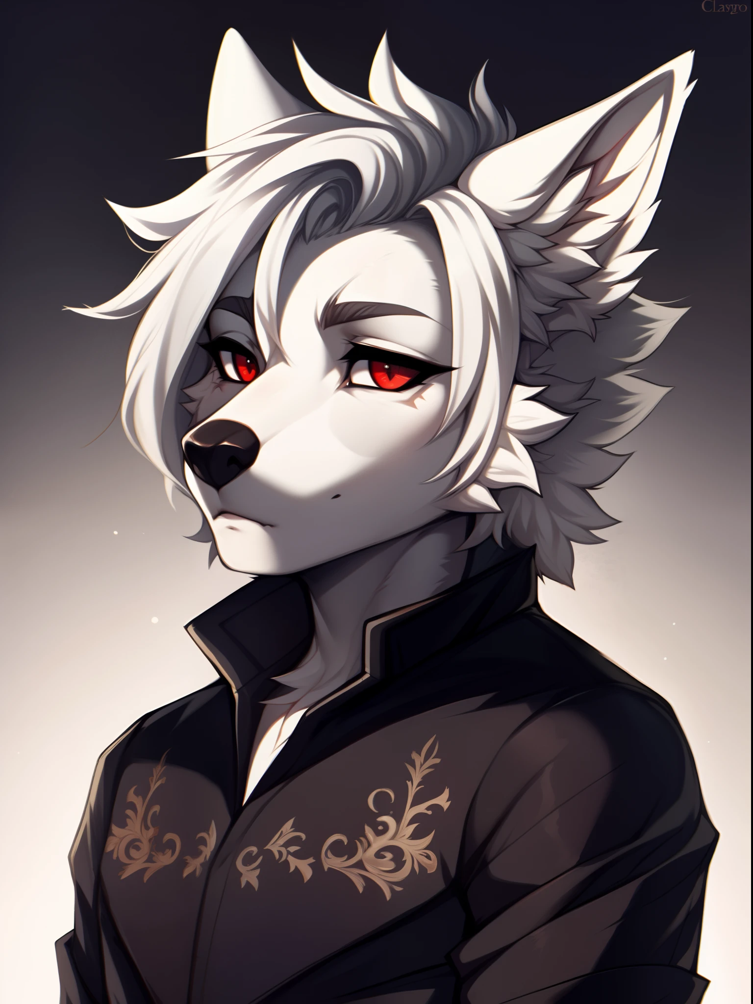 Astarion, by hyattlen, by fumiko, by claweddrip, a white feminine wolf boy, male, cute snout, black nose, white hair, hair swept back, red eyes, elegant clothing,