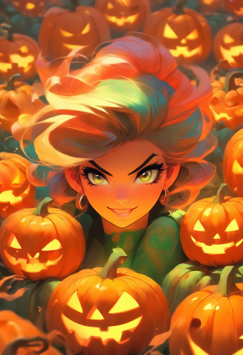 a close up of a woman in a costume with a lot of pumpkins, lois van baarle and rossdraws, artgerm and lois van baarle, artgerm and rossdraws, rossdraws cartoon vibrant, beautiful succubus, ross tran style, rossdraws 2. 5, inspired by Ross Tran, halloween art style, extremely detailed artgerm