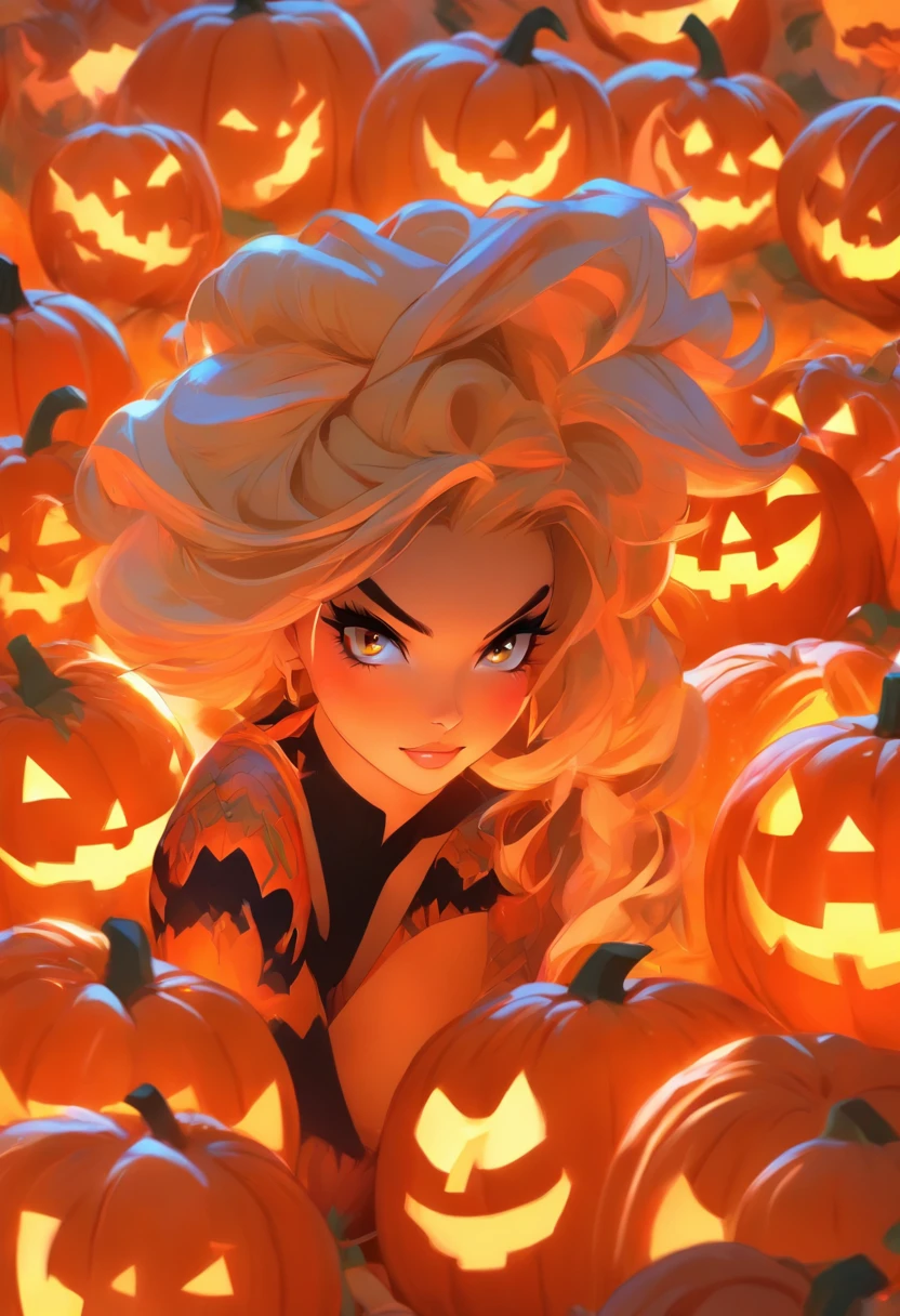 a close up of a woman in a costume with a lot of pumpkins, lois van baarle and rossdraws, artgerm and lois van baarle, artgerm and rossdraws, rossdraws cartoon vibrant, beautiful succubus, ross tran style, rossdraws 2. 5, inspired by Ross Tran, halloween art style, extremely detailed artgerm