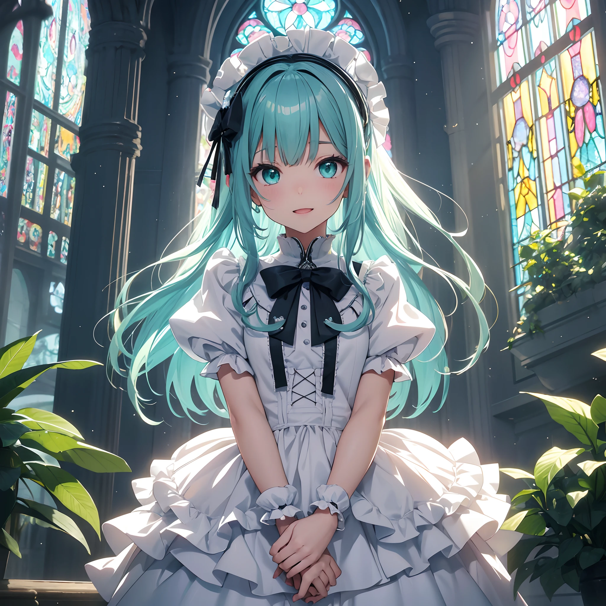Abstract Anime Painting、high-level image quality、​masterpiece、2D、Shining in the cloudy sky、A strange sight that makes you feel like you are in a different space from your surroundings、Realistic and detailed background depiction、Cute only daughter posing slouching with hands on her knees、Holding a large bouquet with both hands、The mold matches the bangs、Side hair is tied with a ribbon、Emerald eyes reflecting light、Hair color is light blue, Transparent and glitter..、Smile with open mouth、8 teeth flicker、Background of the Stained Glass Society、White clothes are Gothic Lolita fashion and multiple ruffled skirts.、I'm carrying a cute backpack、Raise your hand and jump、