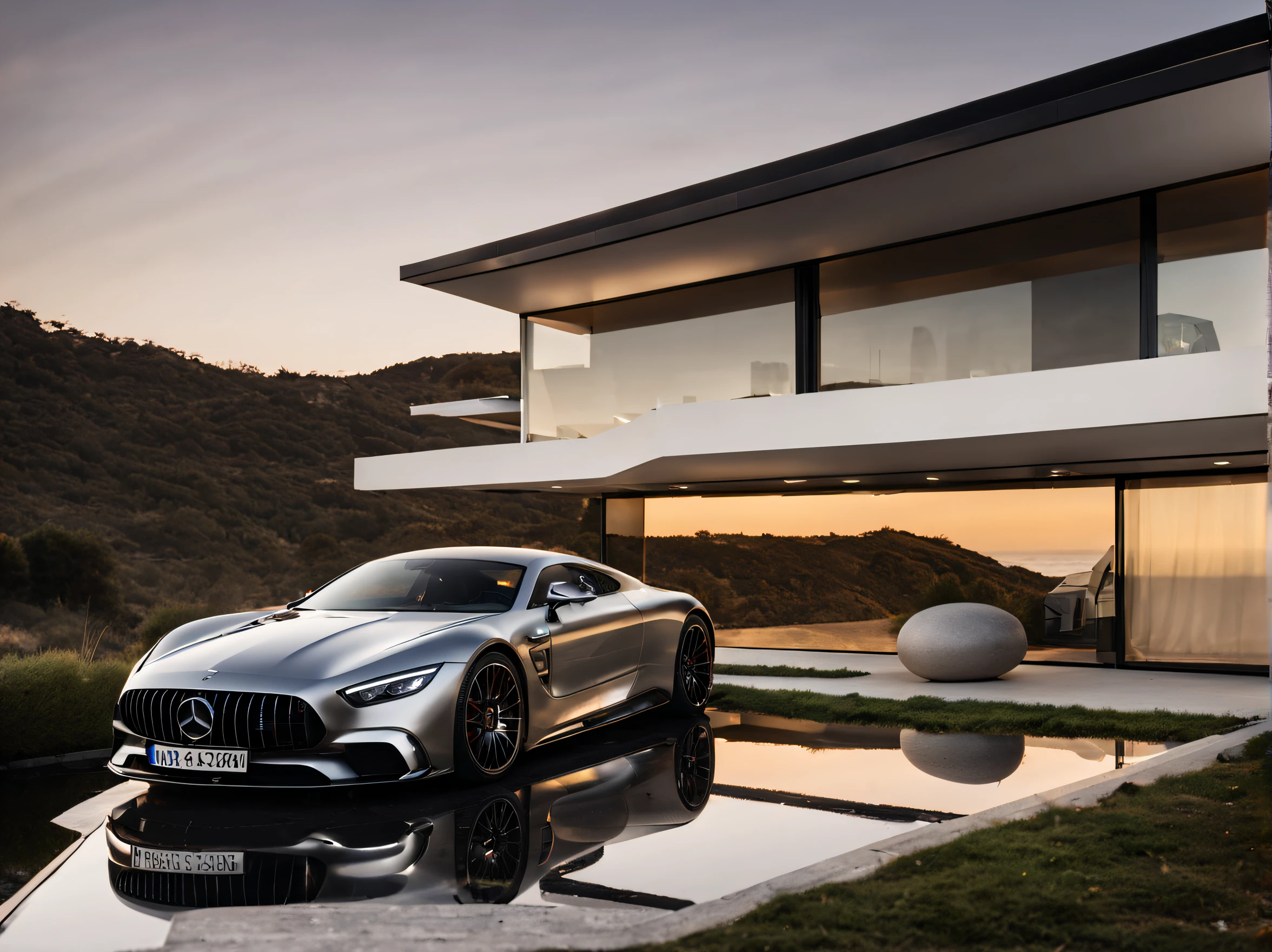 Rembrandt light,Best Quality,Extremely detailed,Cinematic lighting,8K,Realistic,awardwinning,photograph,Low viewing angle,Camera shooting,Canon 85 1.2,Aperture F4,8K,nffsw,Mercedes-Benz GTR,Bright morning light by the sea in the background,Art Award Design Modern House,Ultra-modern design,Pritzker Prize,Master works,(Reflective car),