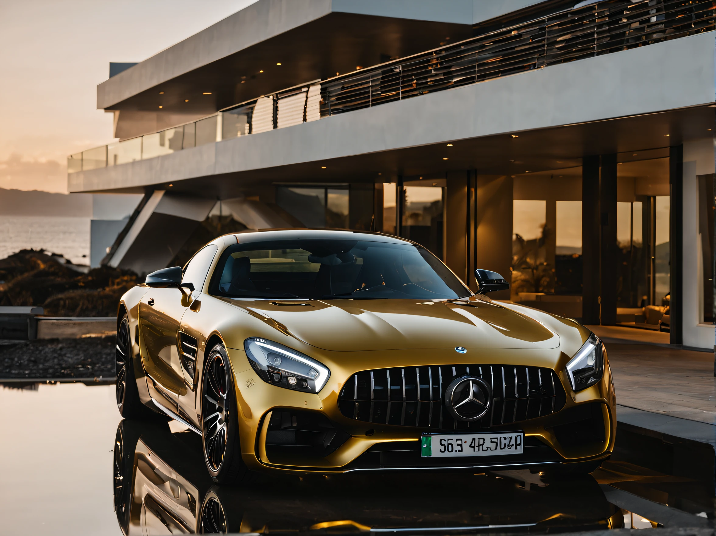 Rembrandt light,Best Quality,Extremely detailed,Cinematic lighting,8K,Realistic,awardwinning,photograph,Low viewing angle,Camera shooting,Canon 85 1.2,Aperture F4,8K,nffsw,Mercedes-Benz GTR,Bright morning light by the sea in the background,Art Award Design Modern House,Ultra-modern design,Pritzker Prize,Master works,(Reflective car),