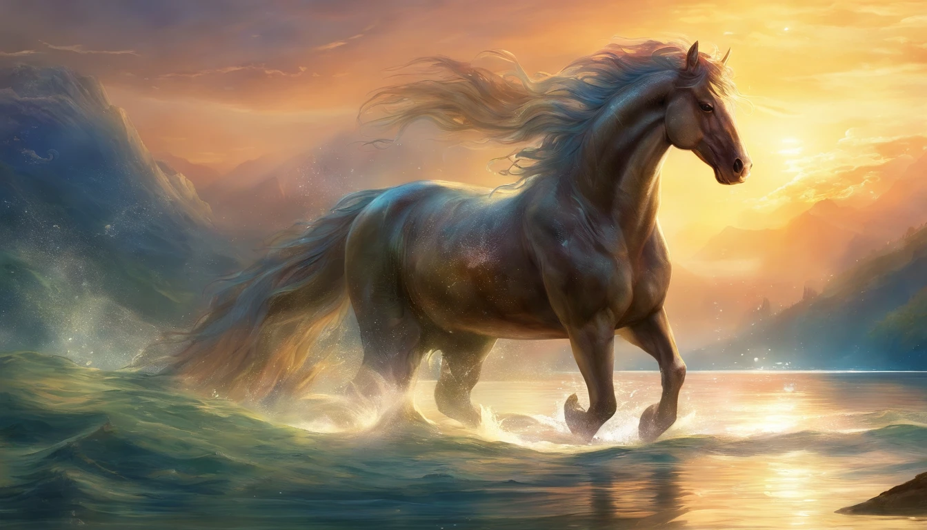 Big star in the background、Starskrim、Best quality,4K,A high resolution,masutepiece:1.2,Ultra-detailed,Realistic, kelpie, Horse and fish mixed, The horse's tail is in the back, Shimmering scales,coming out of the water,kelpie,a mythical creature,Shimmering light,Realistic water texture,Moist and shiny appearance,Wave reflection,The aura of mythology,underwater landscape,majesticpresence,setting in nature,tranquil ambiance,The existence of mysterious creatures,Ethereal lighting,graceful movements,super powers,Quiet and quiet environment,Fantastic creatures,Seductive beauty,Powerful and captivating gaze,Fine details,The myth of mythical creatures,Slender and elegant figure,,Inspired by elements of nature,Subtle tones,Detailed textures,Fabulous existence,Deep in the waves,Lower body in water,Fabulous horse-like features,water cascading,Energetic and energetic posture