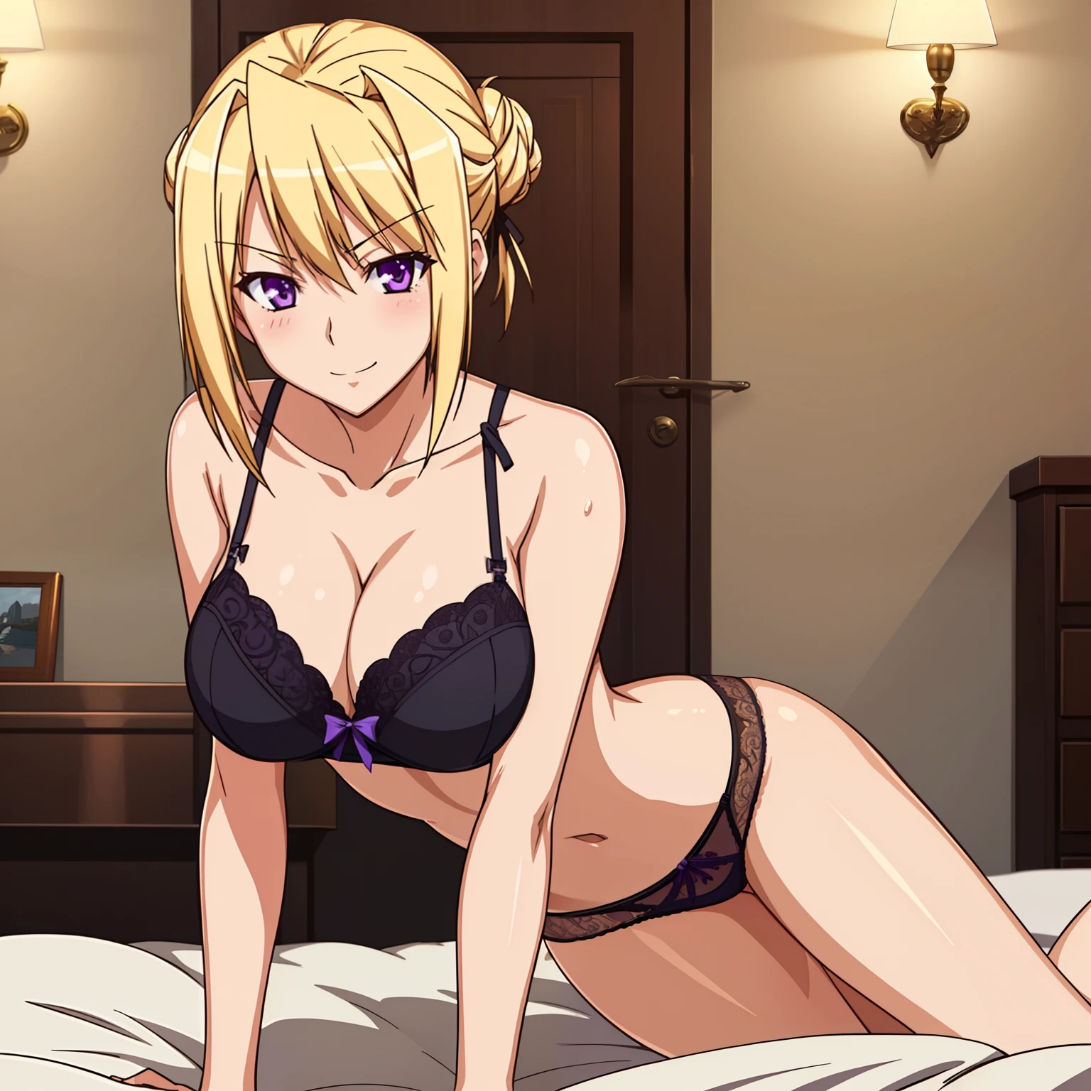 1girl,big breasts,hotel room,bed,(8k),
,detailed face,blond hair,purple eyes,short hair,embarassed,shy,smiling,bun,hair, high_res, high_definition,battlefield,sexy pose,black sexy lingerie,legs open,