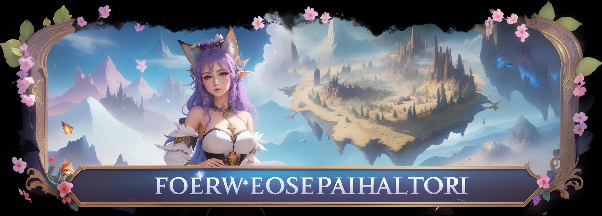 ((masterpiece)), (8k, high_resolution), (best quality), ultra-detailed, very sharp, a close up of a woman in a dress with a cat on her head, fae wilds sky, fogy, fey, foxy, fantasy mmo, feywild, ethereal fox, fog!, mmorpg fantasy, new character, exotic fey features, detailed decorations, gold lighting, desert environment, black background