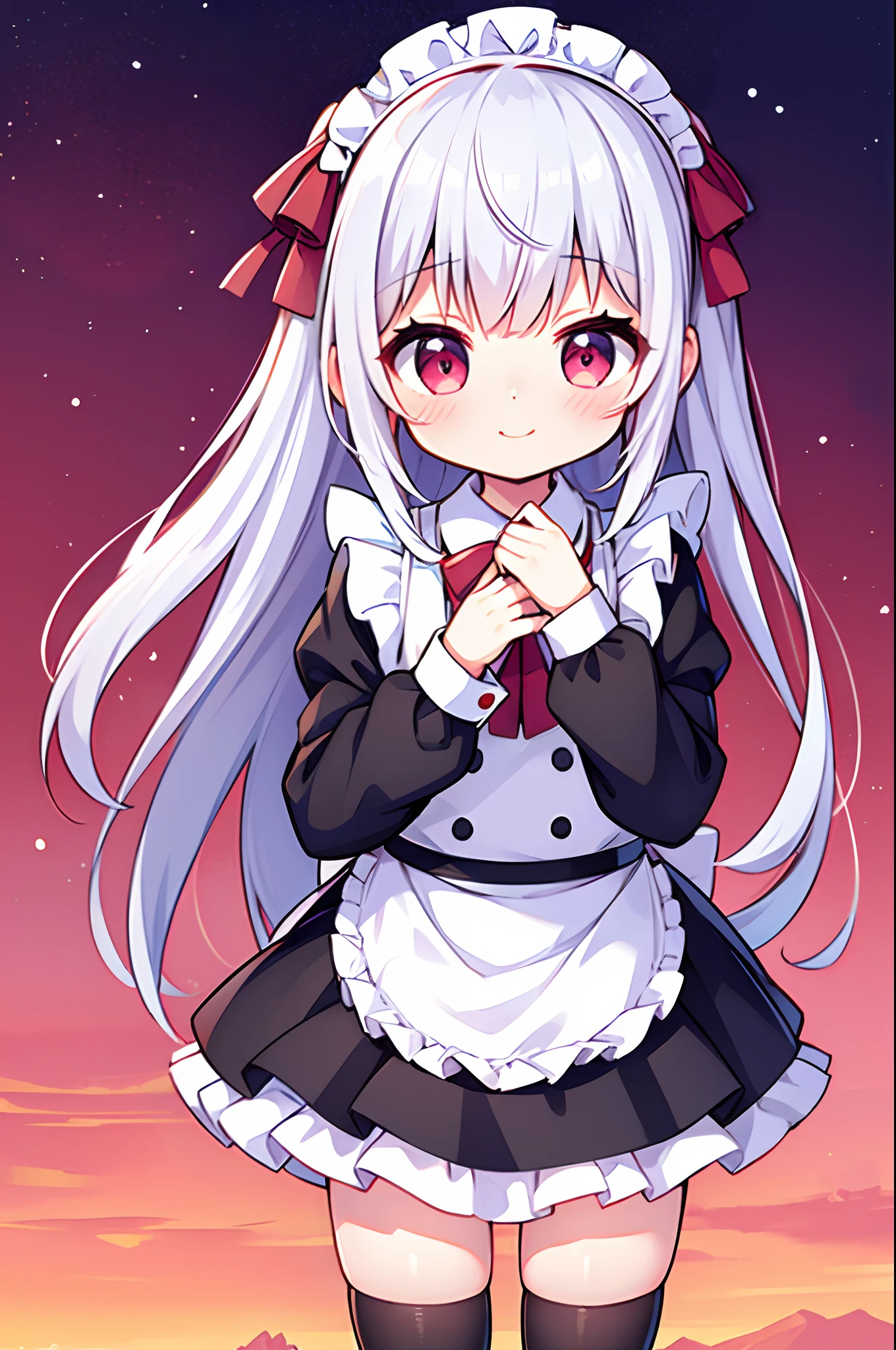 8K picture quality，silber hair,Red-eyed girl,cute little ,Long hair,Heartwarming,a miniskirt,****ta,A smile,Thumbnail styles，maid clothes，fluffly,pink sky background,cute background