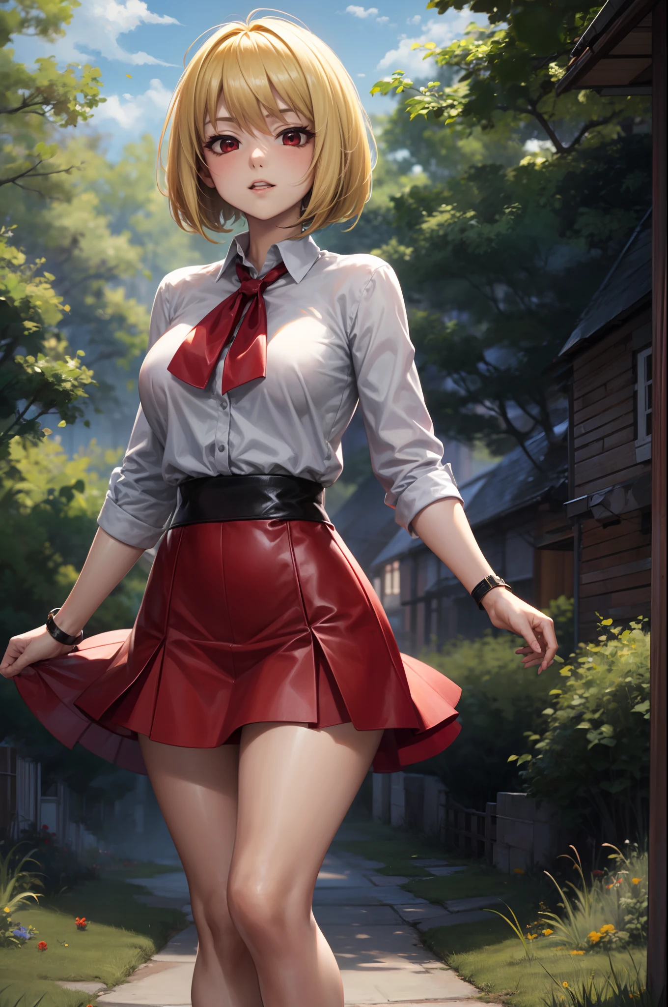 Anime Girl, Blonde Haired, Pixie Cut, Red Eyes, White Blouse, Red Skirt, Black Heels, Grassy Background, Anime Style, 4k Resolution,  limbs, --auto --s2