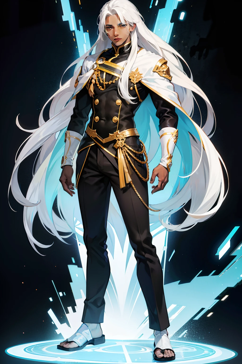 dark skin man, male, black eyes, white hair, long hair, anime style, 4k image, full body, holographic background