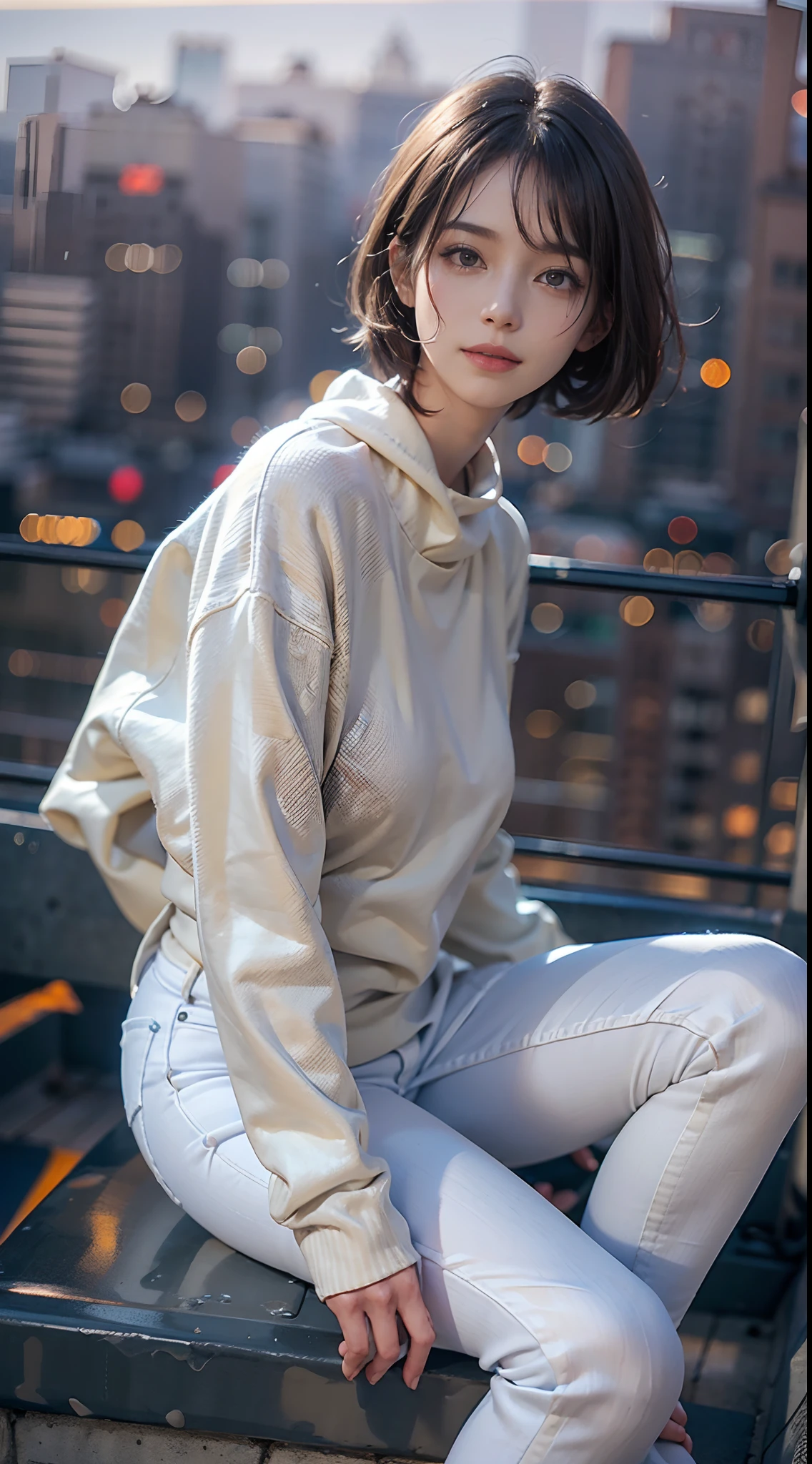 ((White skinny long jeans)), ((Sweatshirt)), A city scape, (NSFW), 1womanl, Solo, 24 year old, 7headed body, (cute  face), (Ideal ratio body proportions), (Composition from head to thigh), Smiling smile, erectile nipple, Sexy body, Wet, short-hair, Dark hair, small tits, A slender, Small buttocks, beauty legs, Skinny Legs, surrealism, Cinematic lighting, depth of fields, One-person viewpoint, F/1.8, 135 mm, nffsw, masutepiece, ccurate, ((Anatomically correct)), Textured skin, Super Detail, high details, High quality, awardwinning, Best Quality, hight resolution, 8K