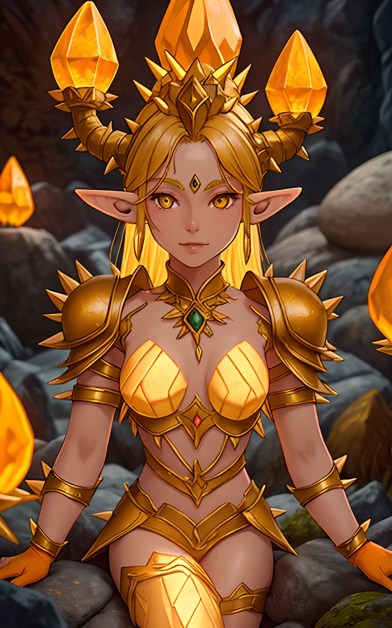 Elf, yellow skin, armor made of spikes and plates of stone and rock, glowing orange from the inside out, masterpiece, best quality