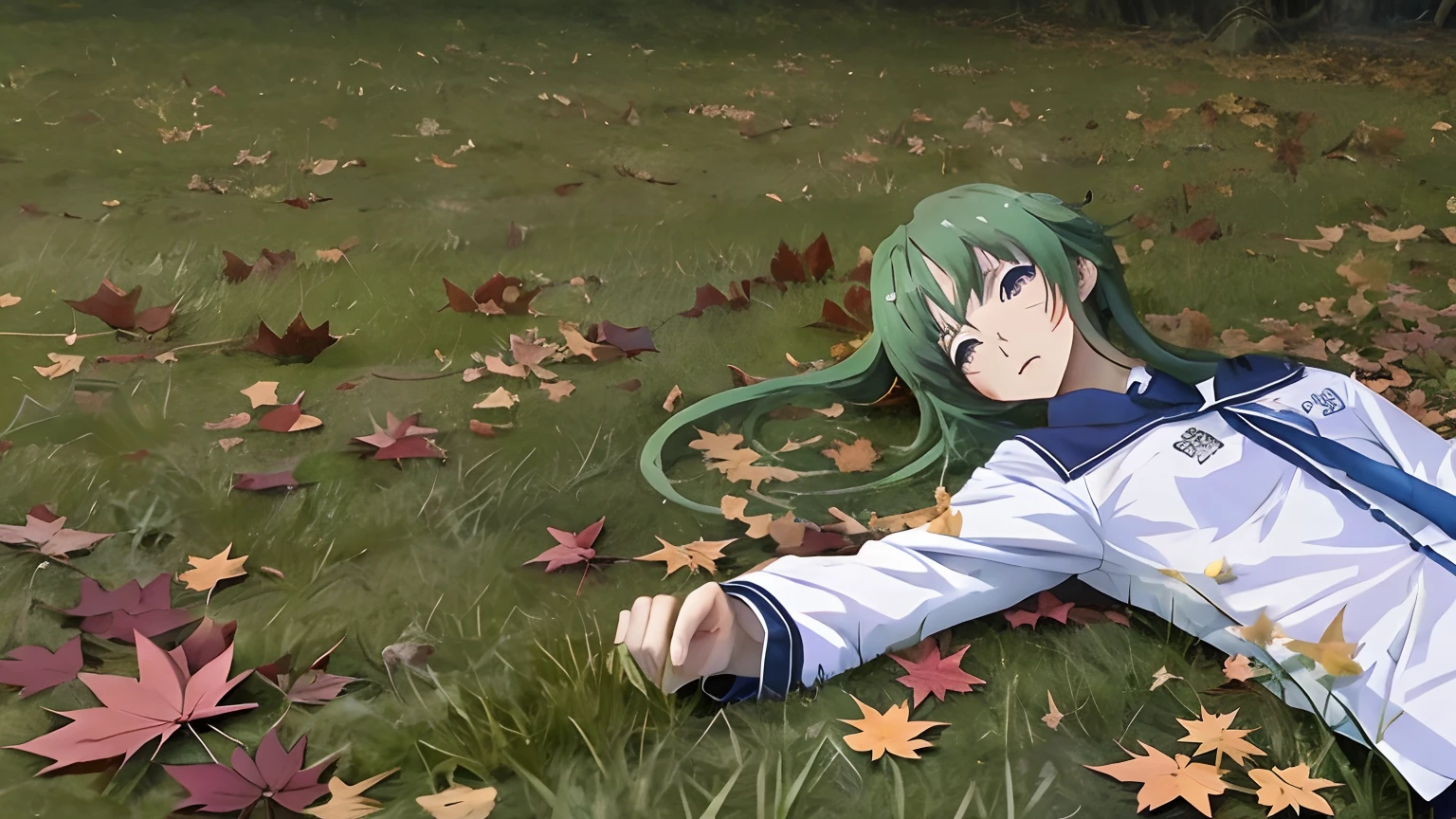 Japanese school uniform shirt laying on the ground covered in blood, anime lush john 8k woods, lying on the grass, anime movie background, anime background, lying on field, anime movie background, high quality desktop wallpaper, anime nature wallpap, falling leaves, high quality wallpaper, close establishing shot, animation still, wind blows the leaves, eerie forest, dark mood