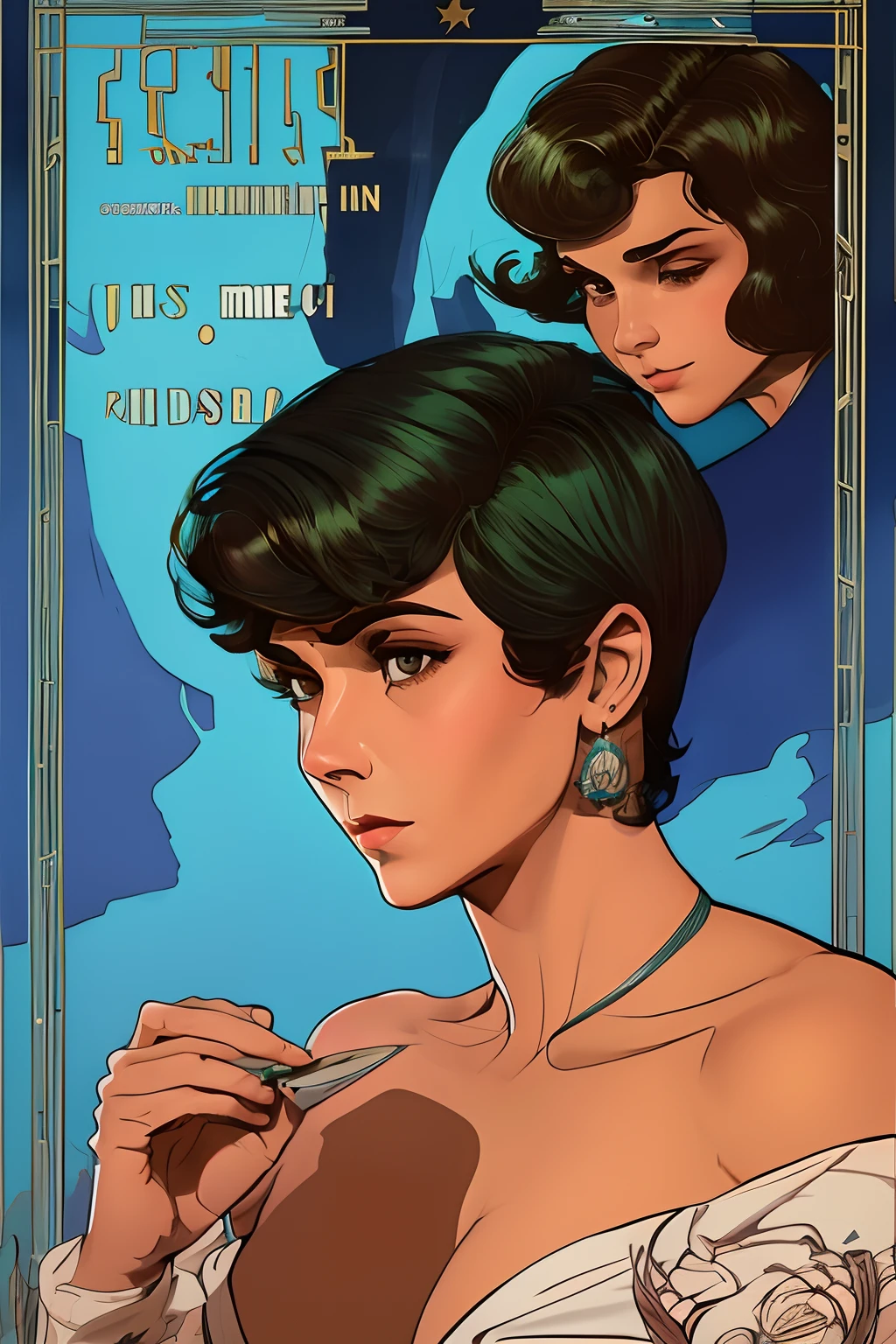 Arte inspirada John Buscema, Cartaz da Segunda Guerra Mundial, vemos uma enfermeira (1mulher)segurando uma pasta, uniforme hospitalar perfeito, short hair up to the shoulders, cor negro, olhos verdes claros, seios pequenos, corpo delgado, imponente em uma tenda hospitalar no Fronte, A scene that shows seriousness and conviction