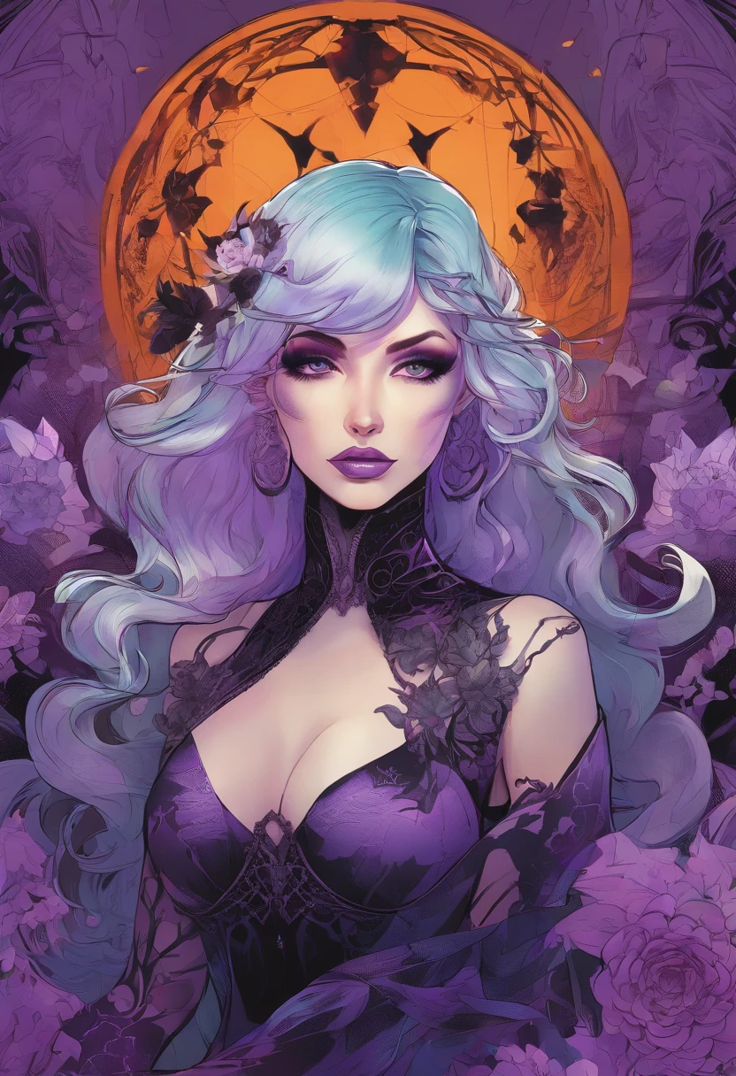 a close up of a woman in a costume with purple hair and purple glowing eyes, glowing green pumpkins, lois van baarle and rossdraws, artgerm and lois van baarle, artgerm and rossdraws, rossdraws cartoon vibrant, beautiful succubus, ross tran style, rossdraws 2. 5, inspired by Ross Tran, halloween art style, extremely detailed artgerm