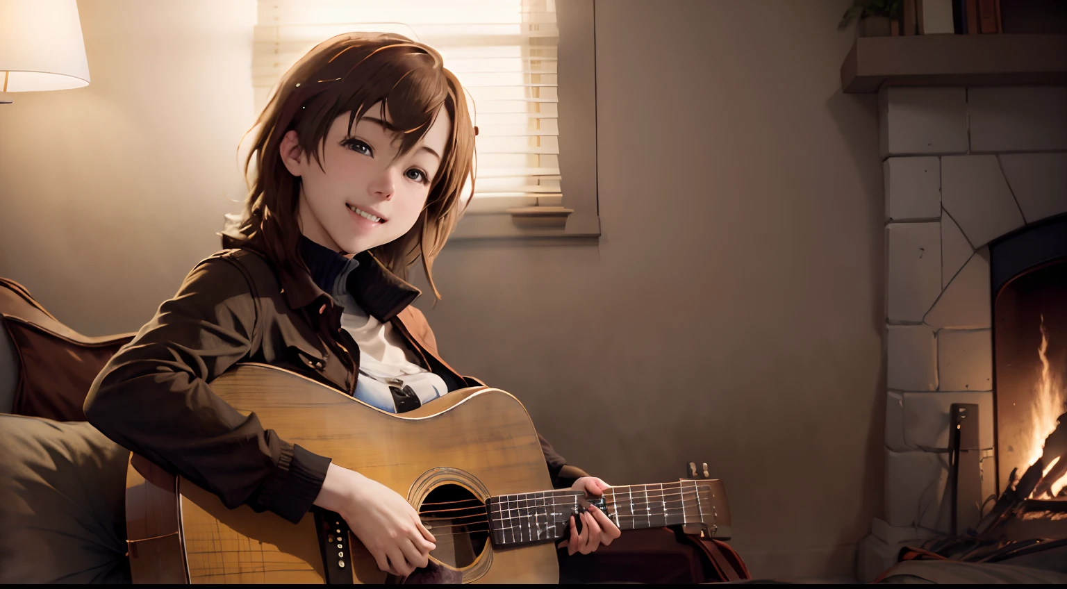 Warm home landscape、There is a gut guitar、There is a piano.、There is a window、There is a fireplace、There is a desk、Warm lighting、Young man is laughing、Pretty girl is smiling、Anime-style images of Makoto Shinkai、high-level image quality、