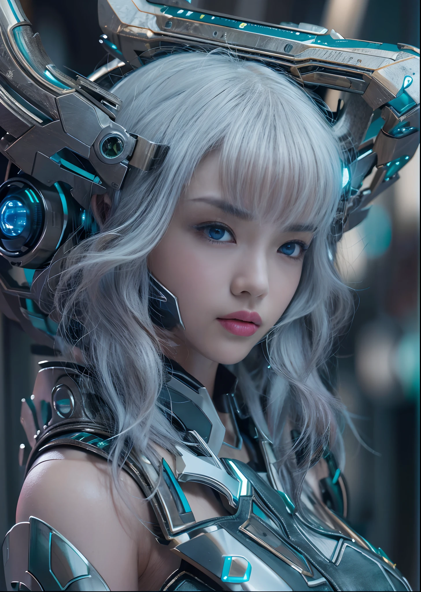 ((Intense action pose:1.6))、((Shining lenses on both breasts:1.3))、((Blue pillars of light are emanating from both chests.:1.3))、smile、((8K)), ((32k)), ((Highest quality)), ((masterpiece)), ((超A high resolution)), ((Tmasterpiece)), ((Halation:1.4))、((Mechaニカルheadgear:1.2))、((Cyber Headphones:1.3))、Fine skin, High quality fabric, Fine metal texture、((Beautiful and dense face))、RAW Photos、Professional, Ultra-fine painting, ((alone)), Beautiful breasts、Highest quality, Very detailed, Very detailed詳細, Finer details, so beautiful, ((Princess Knight Robot:1.2)),  (Joints of machines, Mechanical Limbs:1.3), (The internal structure of the machine is exposed:1.3), (Long silver hair:1.1), (Beautiful and huge mechanical breasts)、White Veil, cowboy_shot, Side Focus, headgear, Shiny、(Five Fingers, Four fingers and thumb),Concept Art, Anime fantasy artwork, Detailed fantasy art, (with pale blue-violet hair and large white wings,,,,,,,), (((Long silver hair))), (Mecha:1.6)、Sleek and intimidating design, ((Commander-in-Chief&#39;arm)), (Perfect robot body)、純白と青紫armまたは, Symmetrical wings, 8K high quality, detailed art, 3D rendering of character art in 8K, neat legs, Defined, Defined fingers,