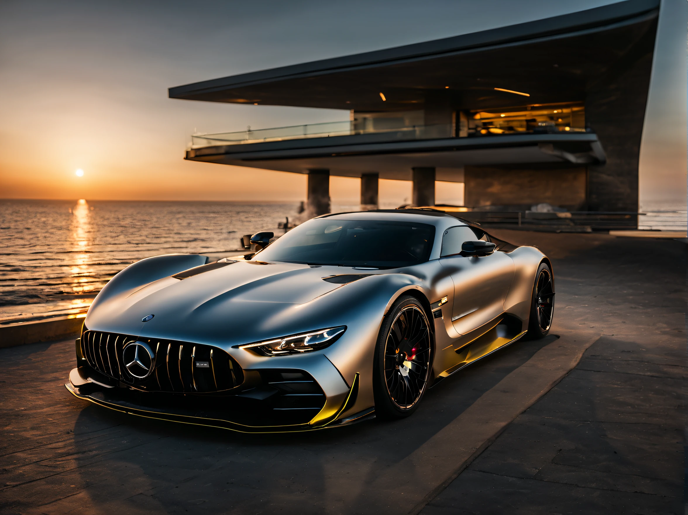 Rembrandt light, Masterpiece Best Quality, Extremely detailed,Cinematic lighting, 8K, Realistic, awardwinning, photograph, Low viewing angle, Camera shooting, Canon 85 1.2, Aperture F4, nffsw, Mercedes-Benz GTR, Hypercar, futuristic, Bright morning light by the sea on background, Pritzker Prize, Master works,