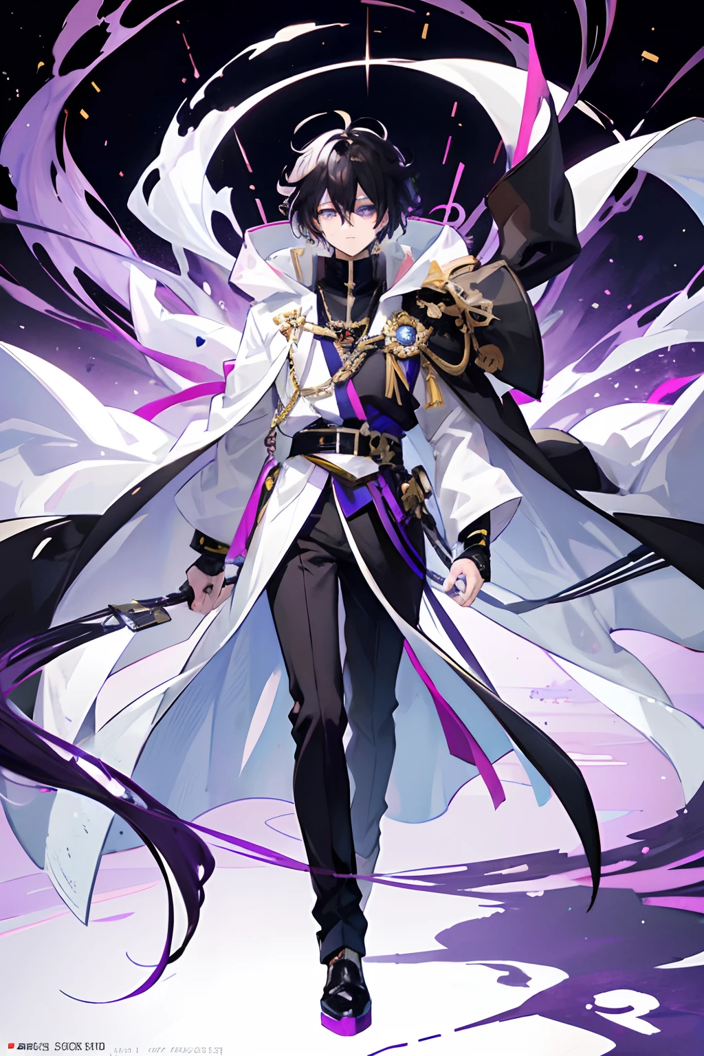 (1 boy), anime, anime guy, black messy hair, purple highlights, wearing a long, white, open coat, held in place by a black sash and had a black hood, black and gold outlining, and a golden chain fastened to its back, serious, 8k, tall, anime full body illustration,