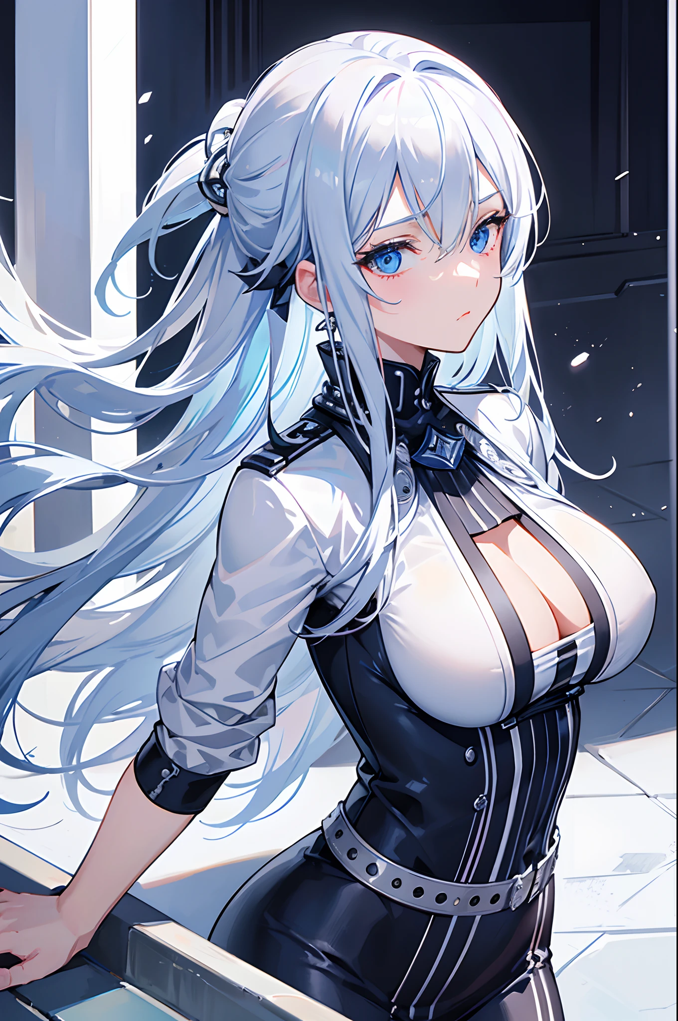 masterpiece, highlydetailed, ultra-detailed, cold, solo, (1woman), icyblue eyes, frosty white hair, adult woman, medium breasts, goddess, cool kuudere woman, (modern casual clothes), glare, Authoritative, (polite clothes), (close clothes), half body potrait