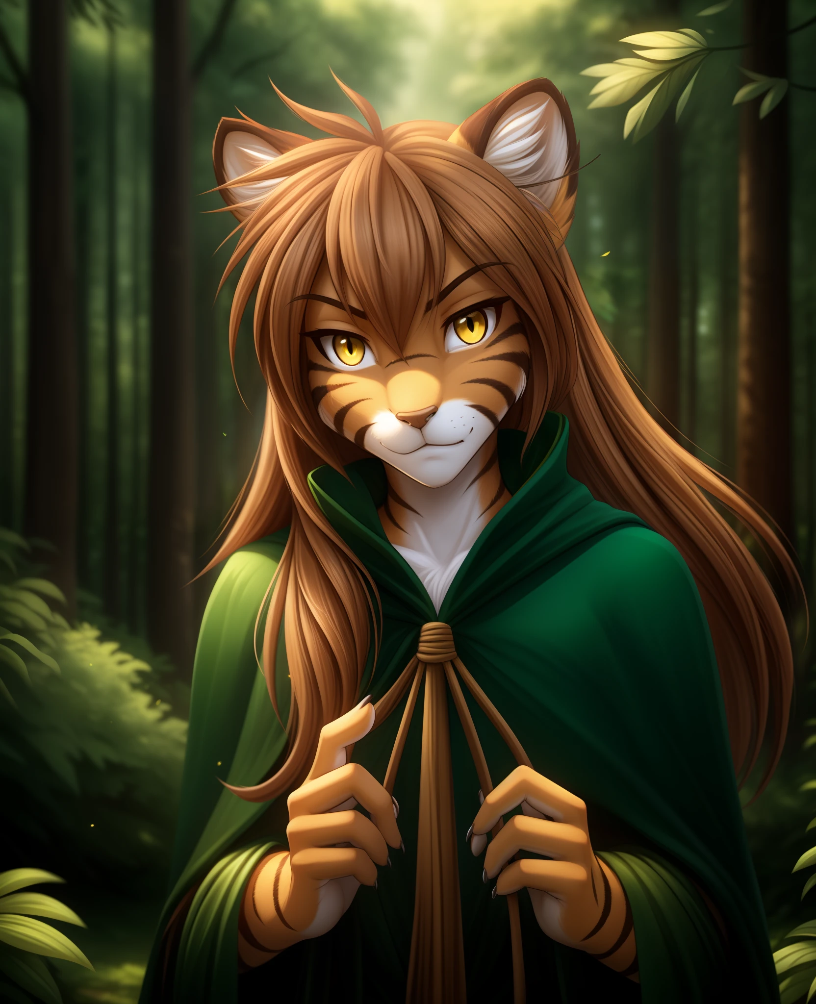 floratwokinds, flora, twokinds, by tom_fischbach,, (best quality, masterpiece:1), solo, furry female anthro, yellow eyes, long hair, brown hair, portrait, fingers, finger claws, looking at viewer, tiger tail, (outdoors dark forest trees blurry blurred background:1.1), antenna_hair,  green cape