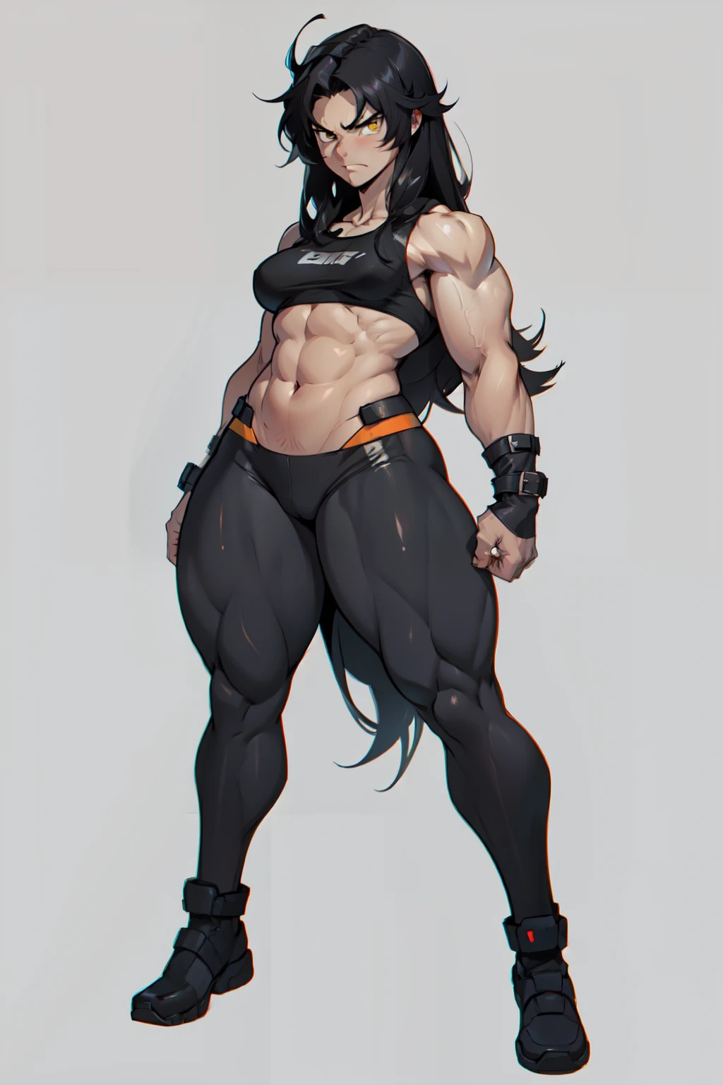 ((((muscular)))), ((thick thighs, small breasts, toned body, 1 girl)), black hair, pale skin, yellow eyes, angry, very long hair, ((full body)) hero pose shortstack