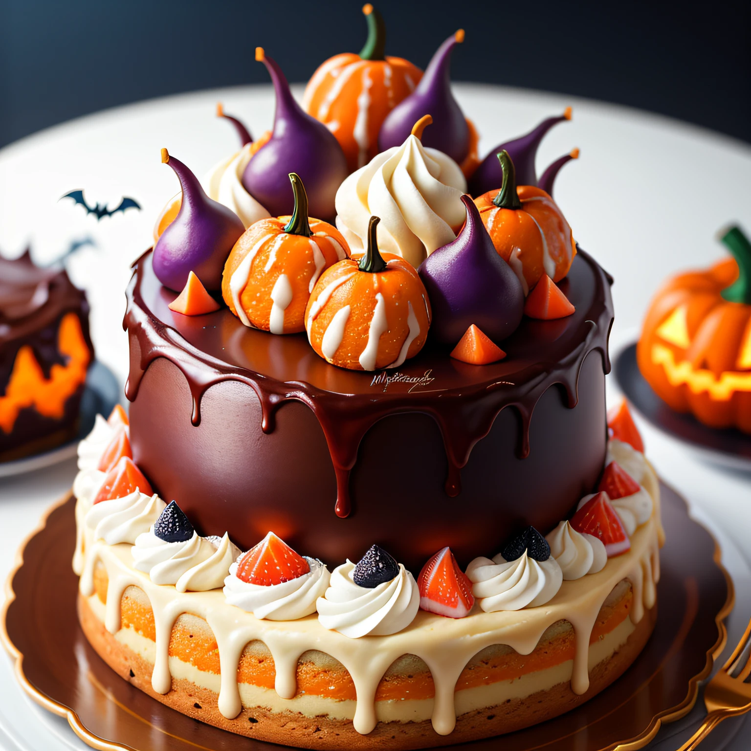 (raw photo), masterpiece, high quality, best quality, halloween themed cake with cream on a plate, full cake, full cake, colorful cake, halloween, foodphoto, blurred background, full view, 8k, excellent quality.