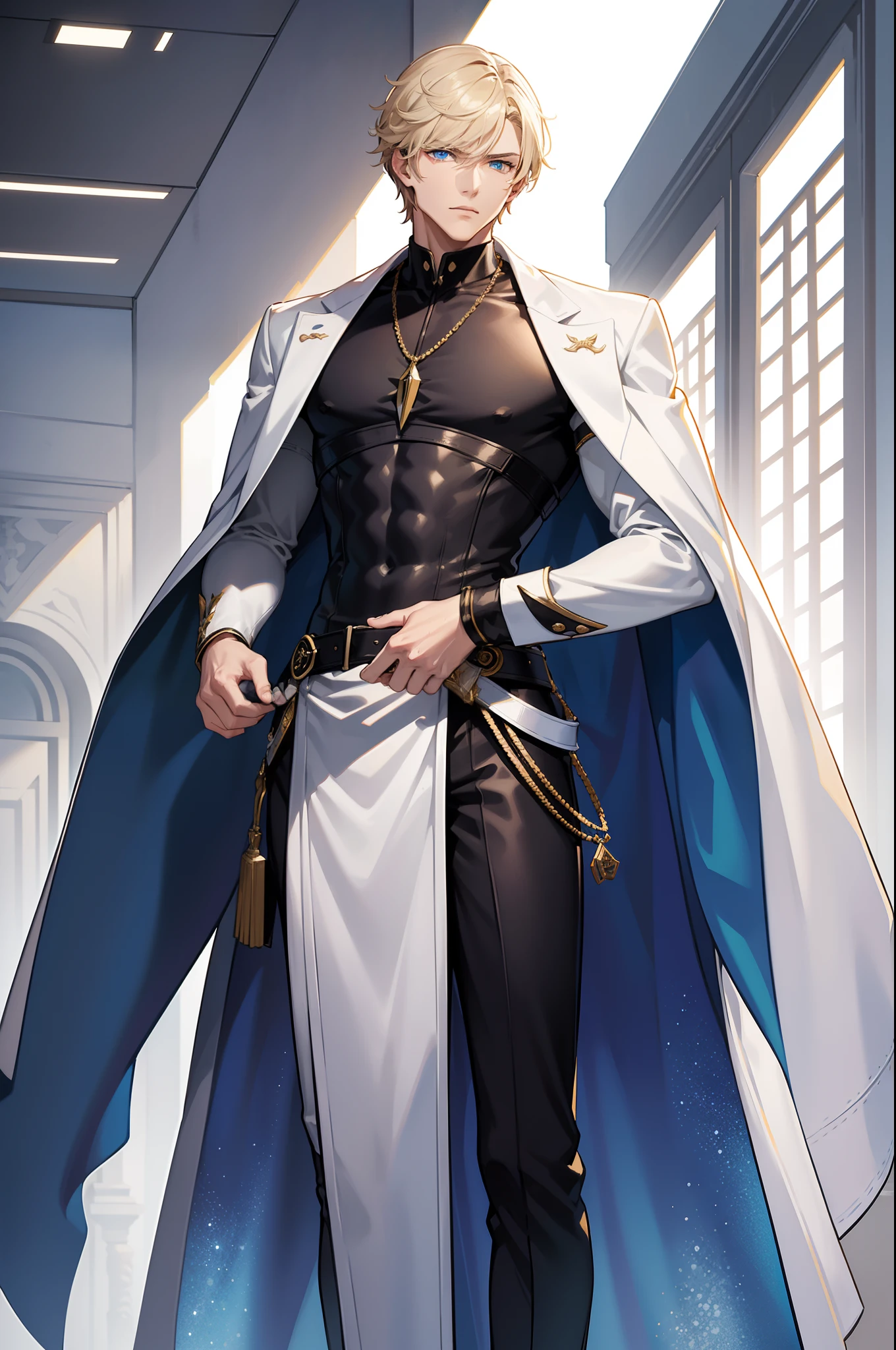 Zane Pharnx stands tall with an imposing yet athletic build, radiating an air of quiet strength. His fair skin accentuates his striking features, while his lustrous blue eyes possess a depth that hints at hidden complexities. His signature blonde hair is meticulously groomed, falling in a neat and stylish manner. Zane's attire is both practical and stylish, reflecting his role as Emperor of Aegis.He prefers a comfortable yet refined look, often seen wearing a plain black t-shirt that complements his physique, paired with crisp white pants that offer a sense of contrast. His choice of footwear consists of sleek black shoes that add an element of sophistication. Over his t-shirt, Zane dons a long-sleeved white coat, its sleeves casually rolled up, giving him an approachable and laid-back appearance. The coat adds a touch of formality while maintaining a sense of practicality.Two belts adorned with ornate golden buckles adorn his waist, symbolizing his status as both a leader and a guardian. They hold in place an intricately designed blade, reflecting his connection to his royal lineage and his duty to protect his people.