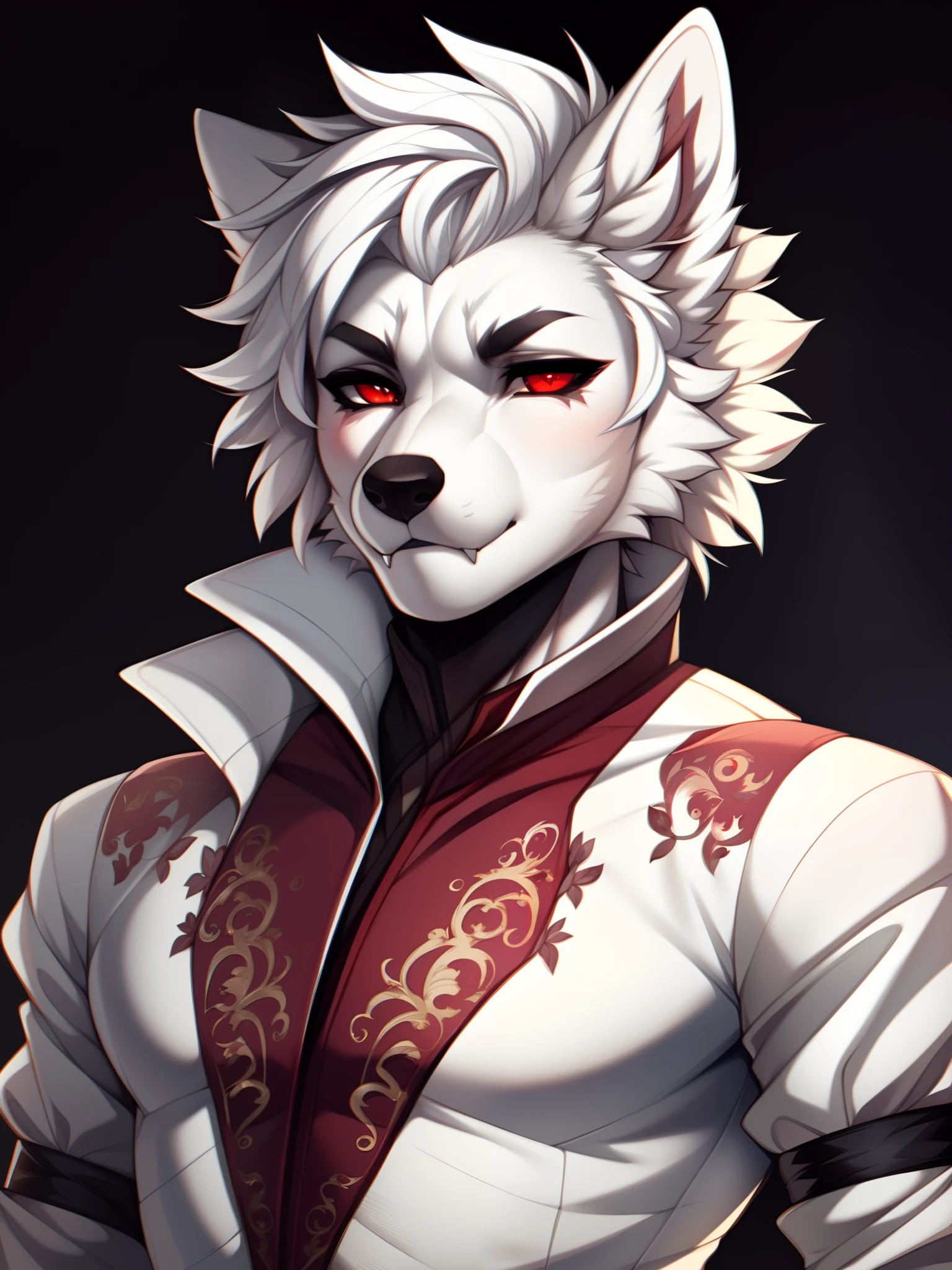 Astarion, by hyattlen, by fumiko, by claweddrip, a white feminine wolf boy, male, cute snout, black nose, white hair, hair swept back, red eyes, elegant clothing, vampire fangs,