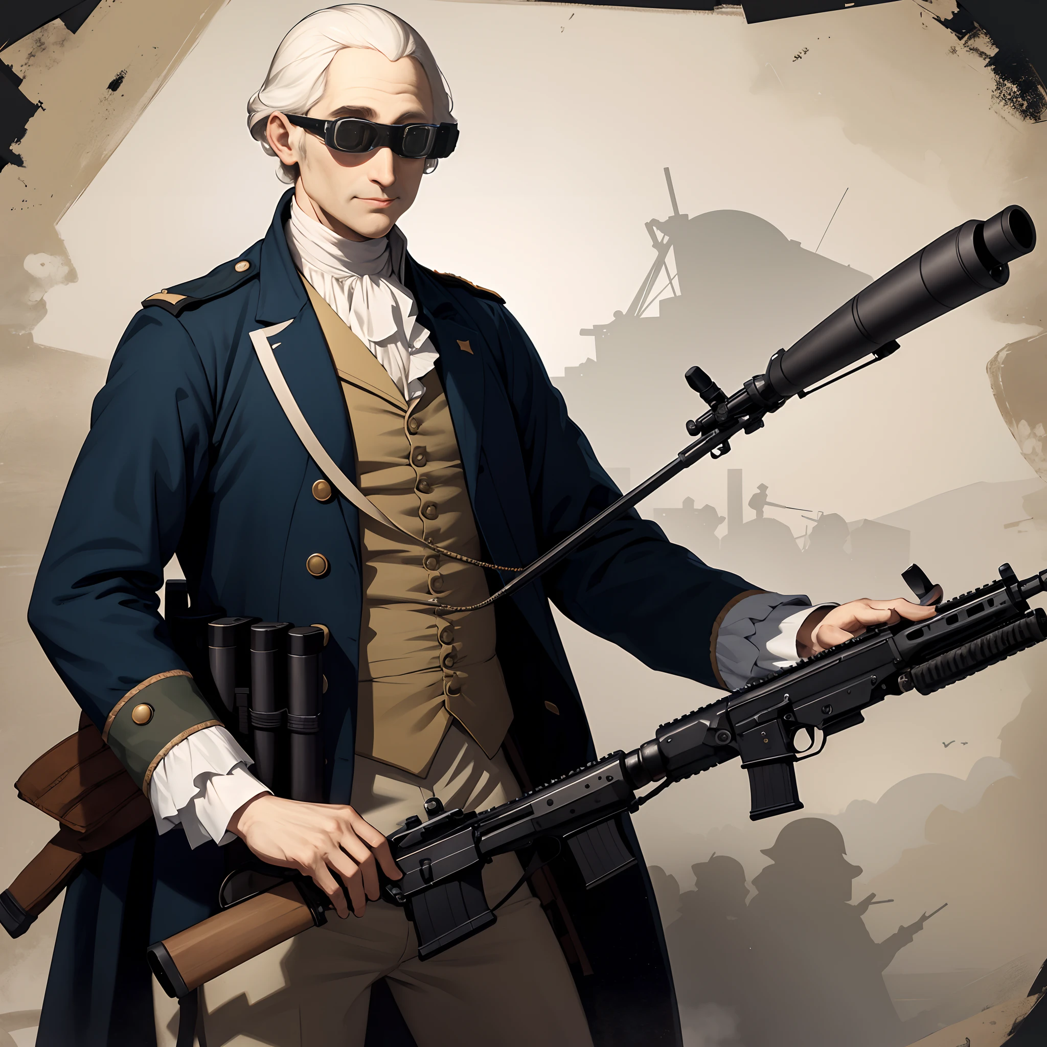 A tactical George Washington. With night vision goggles and a rifle. Have it have a transparent background.