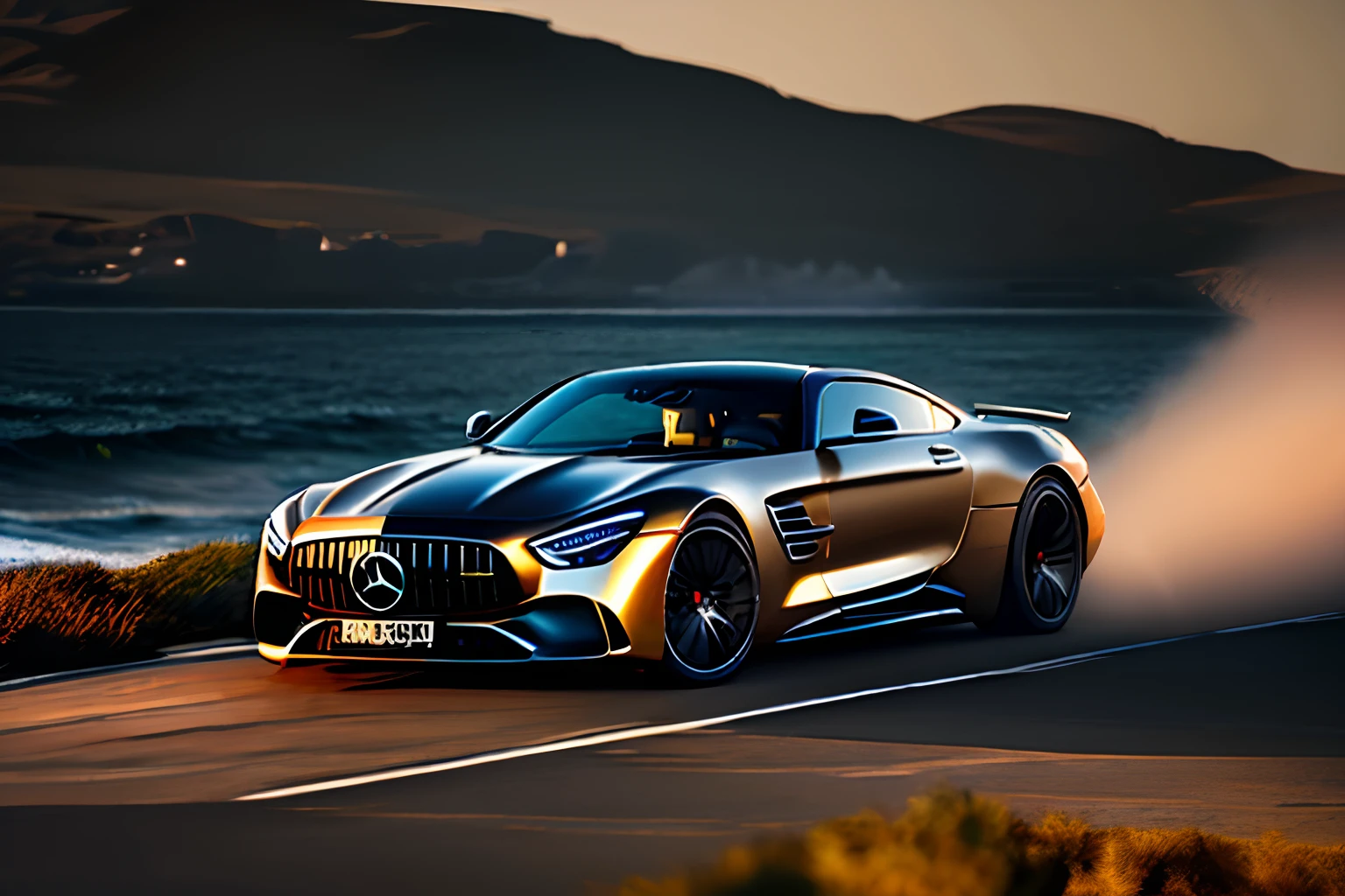 Rembrandt light, masterpiece best quality, Extremely detailed,Cinematic lighting, 8K, Realistic, awardwinning, photograph, Low viewing angle, Camera shooting, NIKON, nffsw, Mercedes-Benz AMG GTR, Hypercar, Futuristic, Bright morning light by the sea,, Master works,